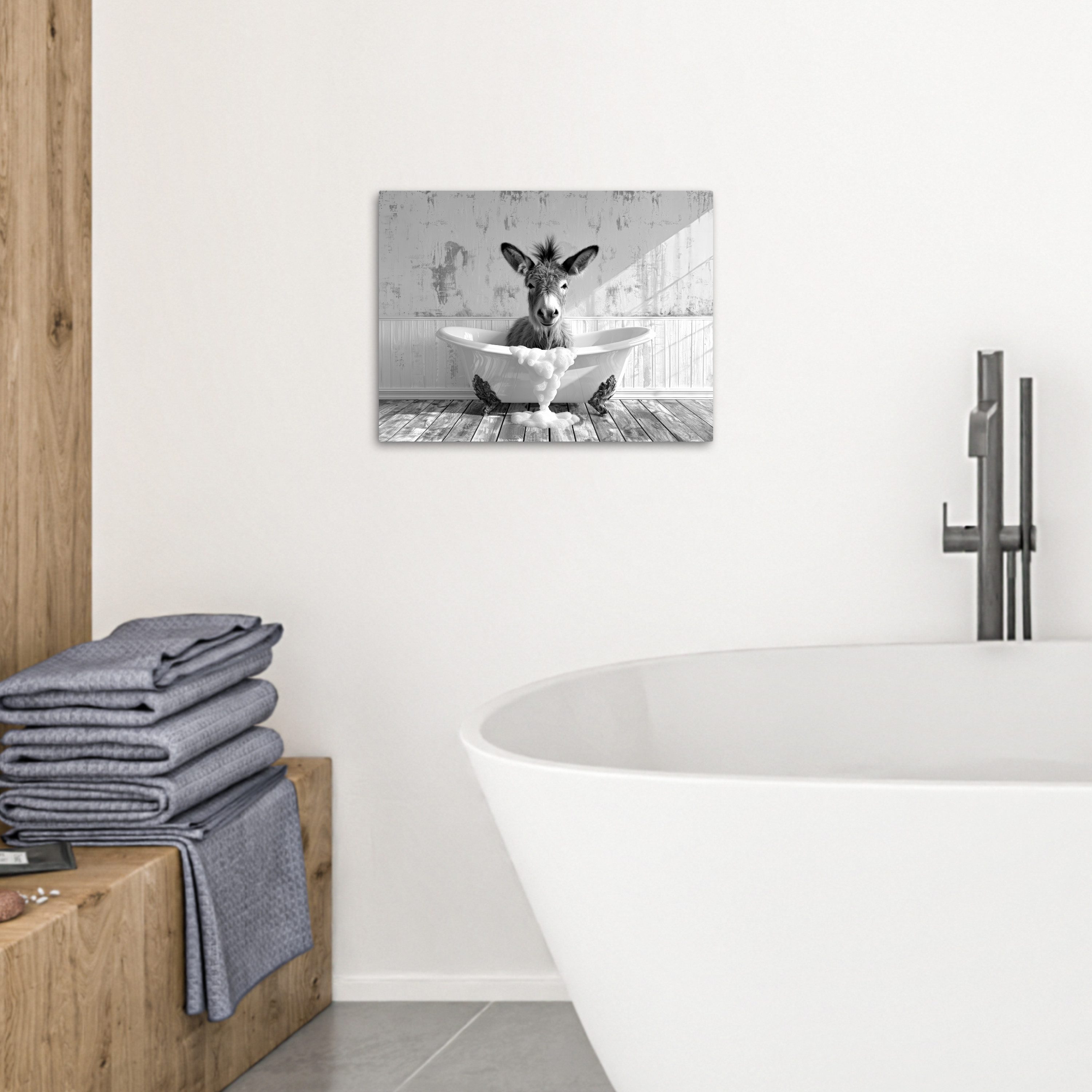 OneMillionCanvasses® Leinwandbild Esel - Tier - Vintage - Badewanne - Schwarz - Weiß, Fotodruck (1 St), Badezimmer Deko, Klo Bilder, WC und Badezimmerdeko 40x30 cm
