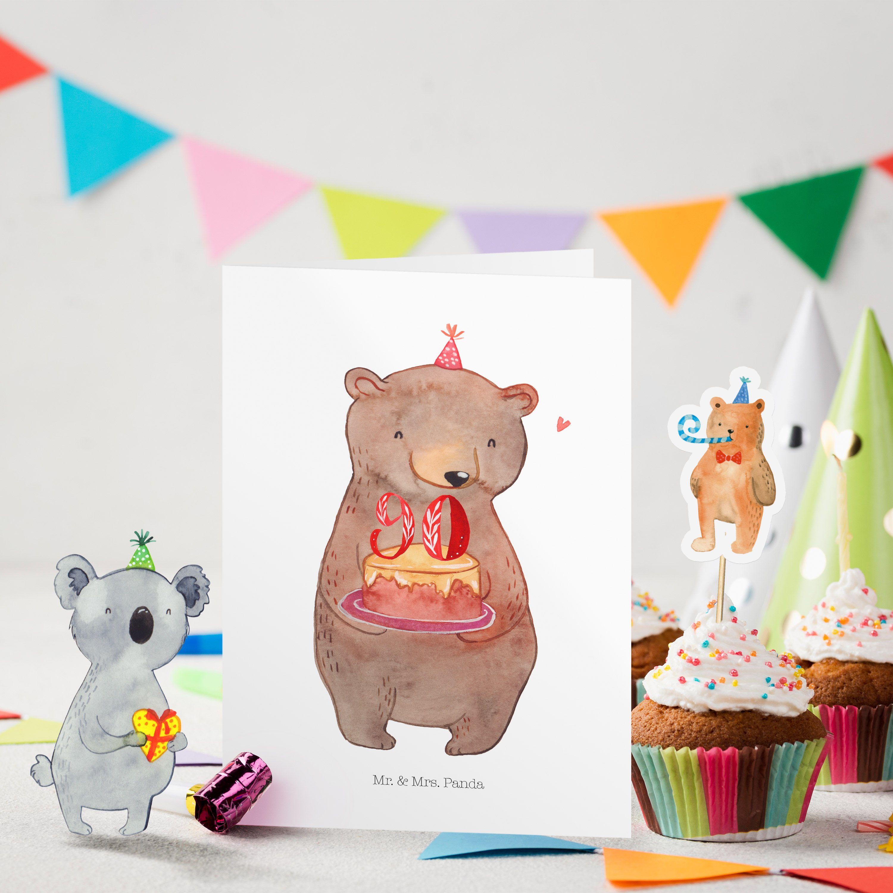 Geburtstagskarten - 90. Geschenk, Mrs. Geburtstag Panda - Feiern, Kerzen, Bär Weiß & Gr Mr. Party, Torte
