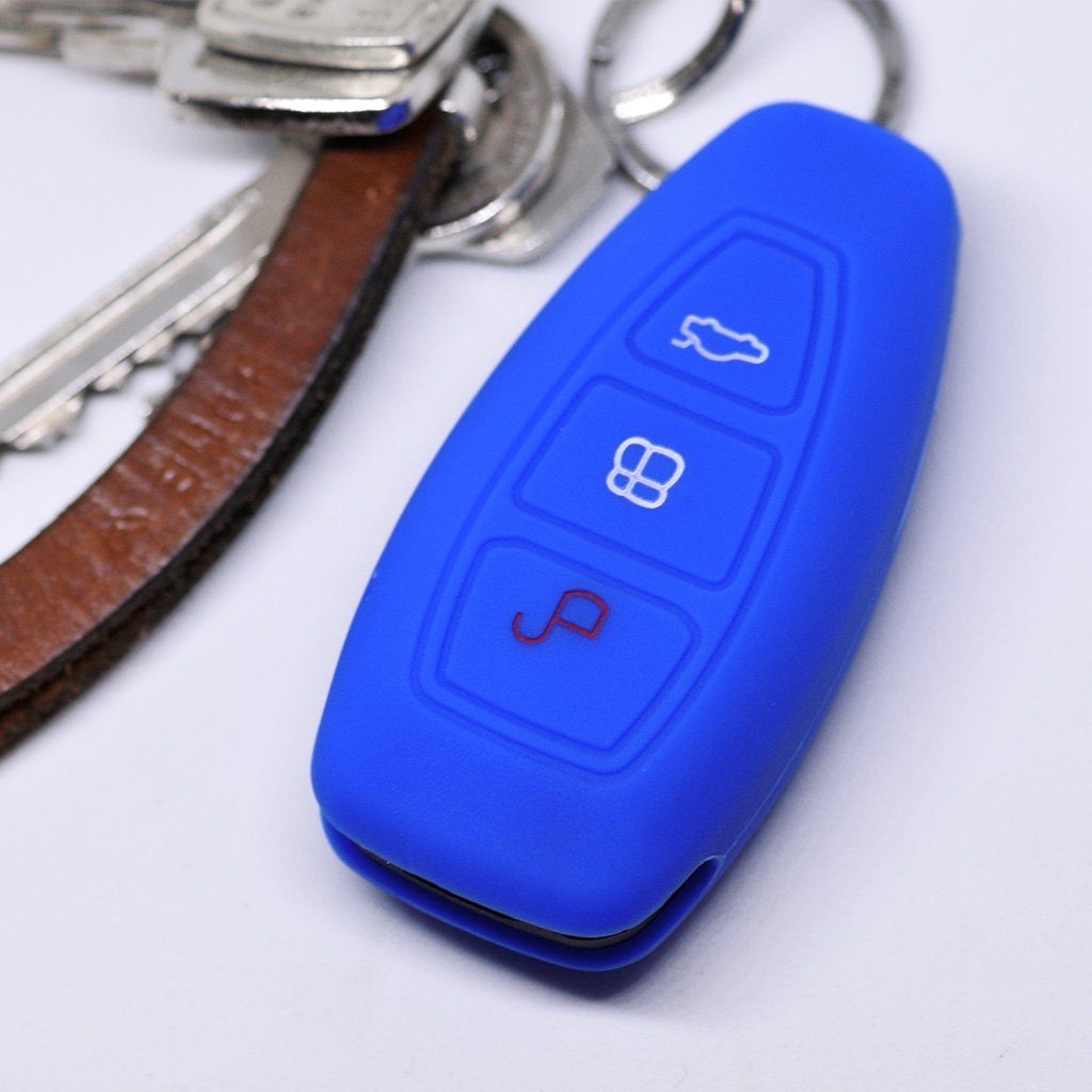 mt-key Schlüsseltasche Autoschlüssel Softcase Silikon Schutzhülle Blau, für Ford C-Max S-Max B-Max Galaxy Focus Mondeo Fiesta Kuga 3 Tasten