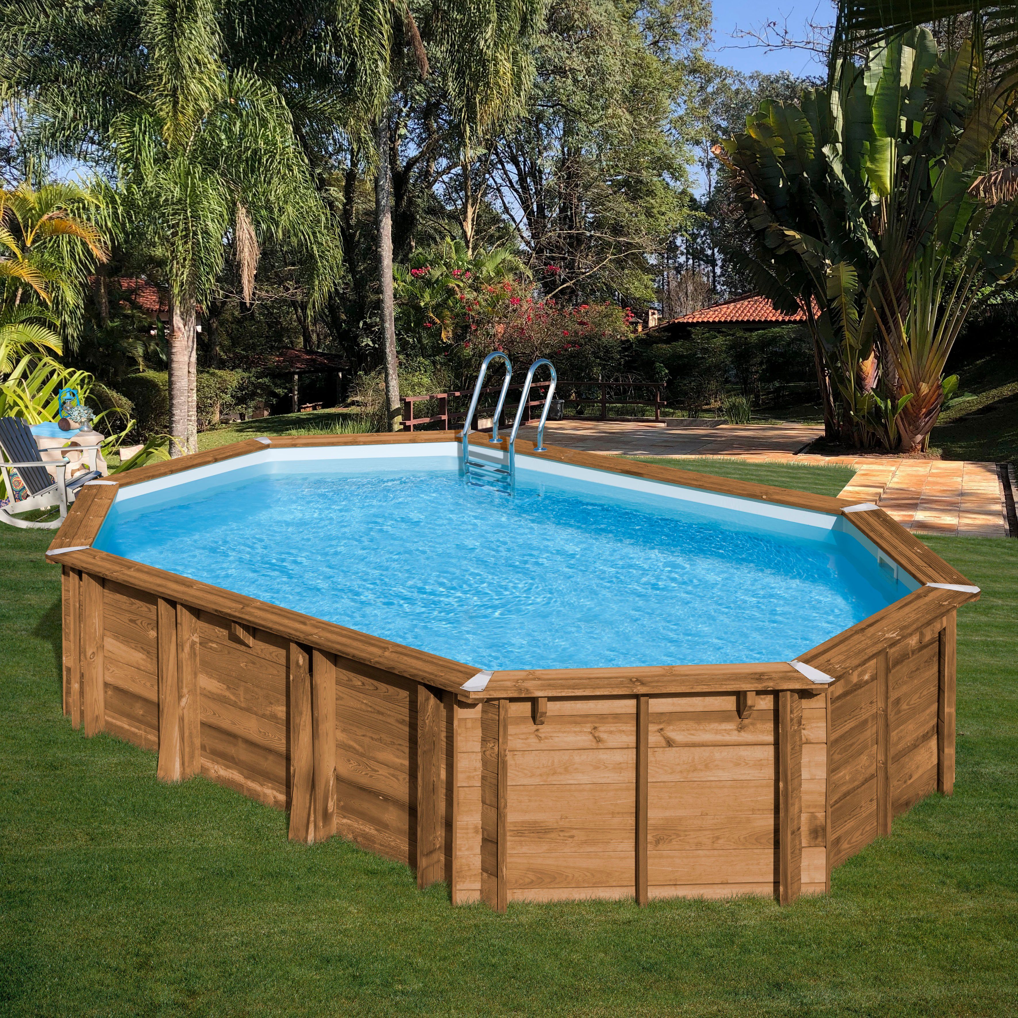 Gre Achteckpool SAFRAN 2 mit Edelstahlleiter (Set, 8-tlg), Kiefernholz, BxLxH: 395x620x136 cm