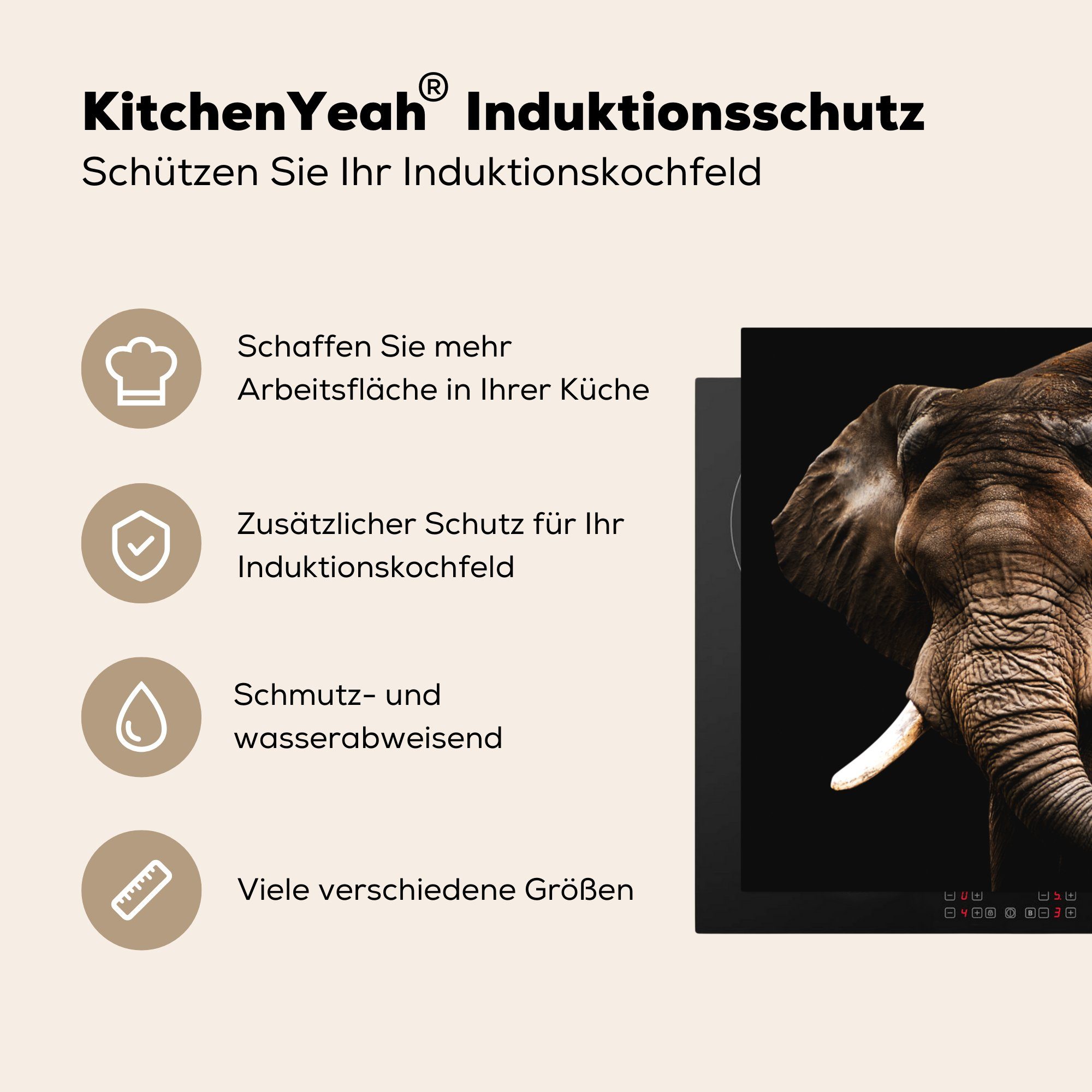Vinyl, Tiere (1 cm, MuchoWow Elefant 78x78 - für küche Herdblende-/Abdeckplatte Zähne, Ceranfeldabdeckung, Arbeitsplatte tlg), -
