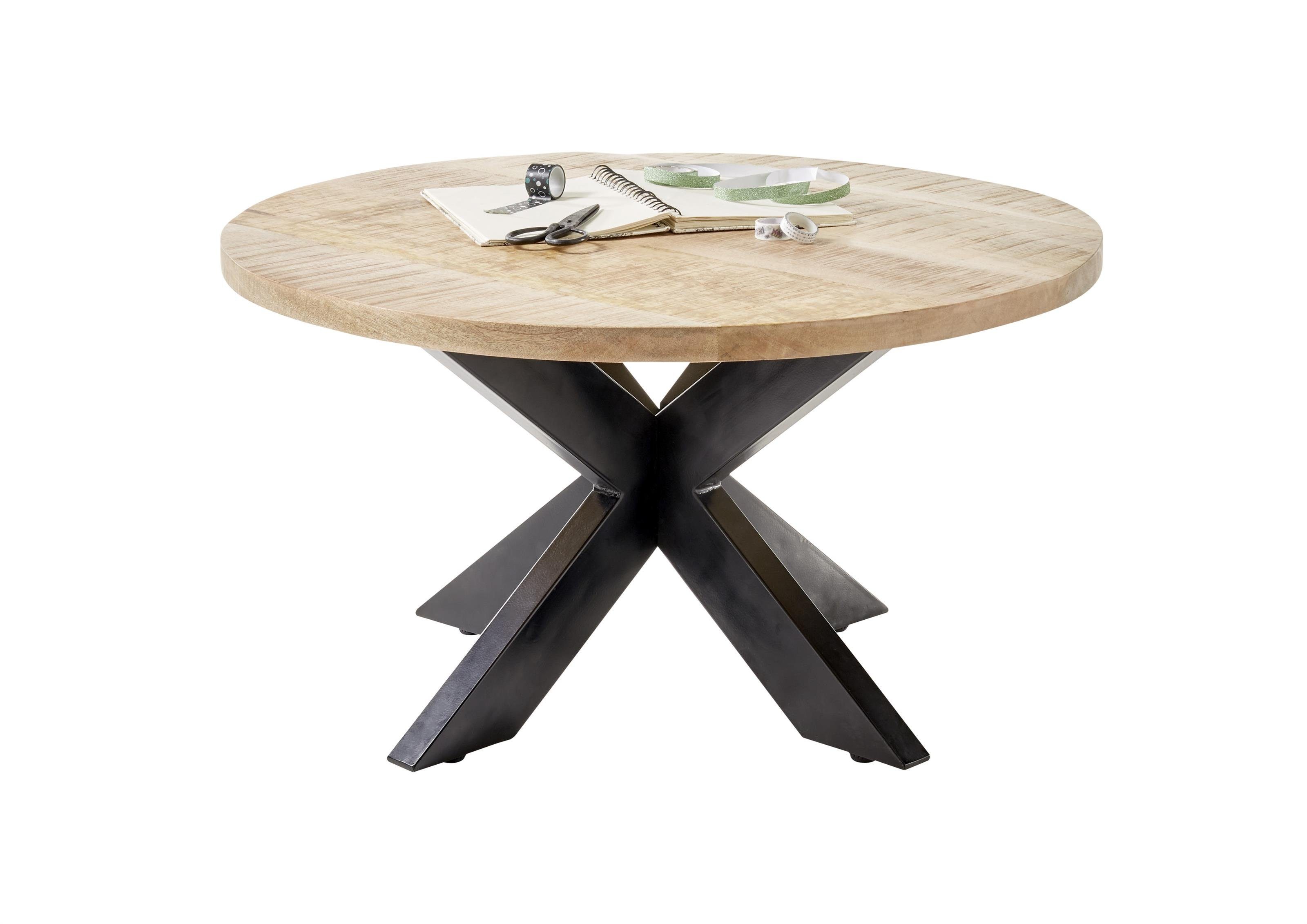 möbelando Couchtisch Alisa, Moderner Couchtisch, Tischplatte aus Massivholz in Mango Wood, Gestell aus Metall in Schwarz lackiert. Breite 80 cm, Höhe 47 cm, Tiefe 80 cm