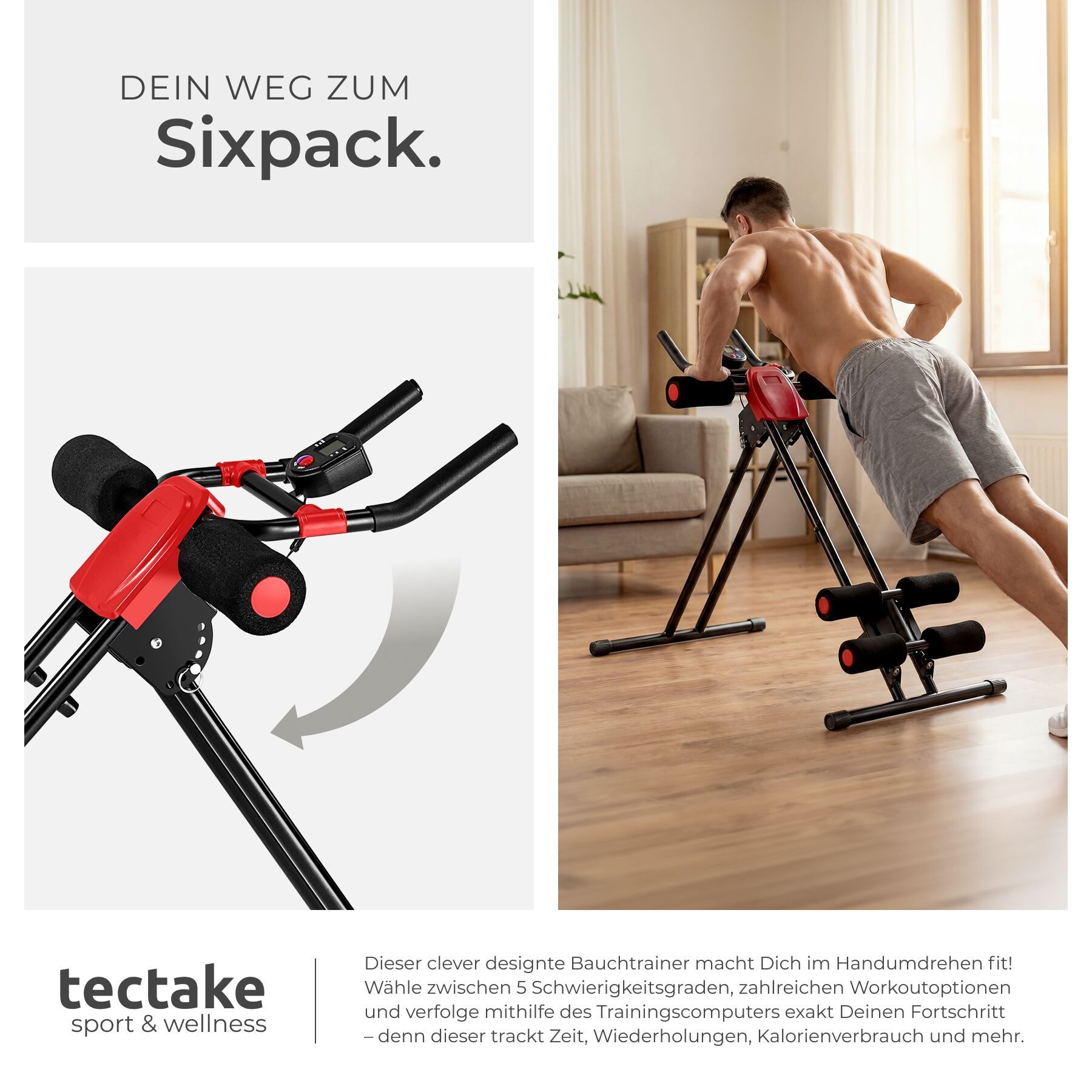 tectake Bauchtrainer Bauchmuskeltrainer mit Trainingscomputer, 5-fach verstellbar