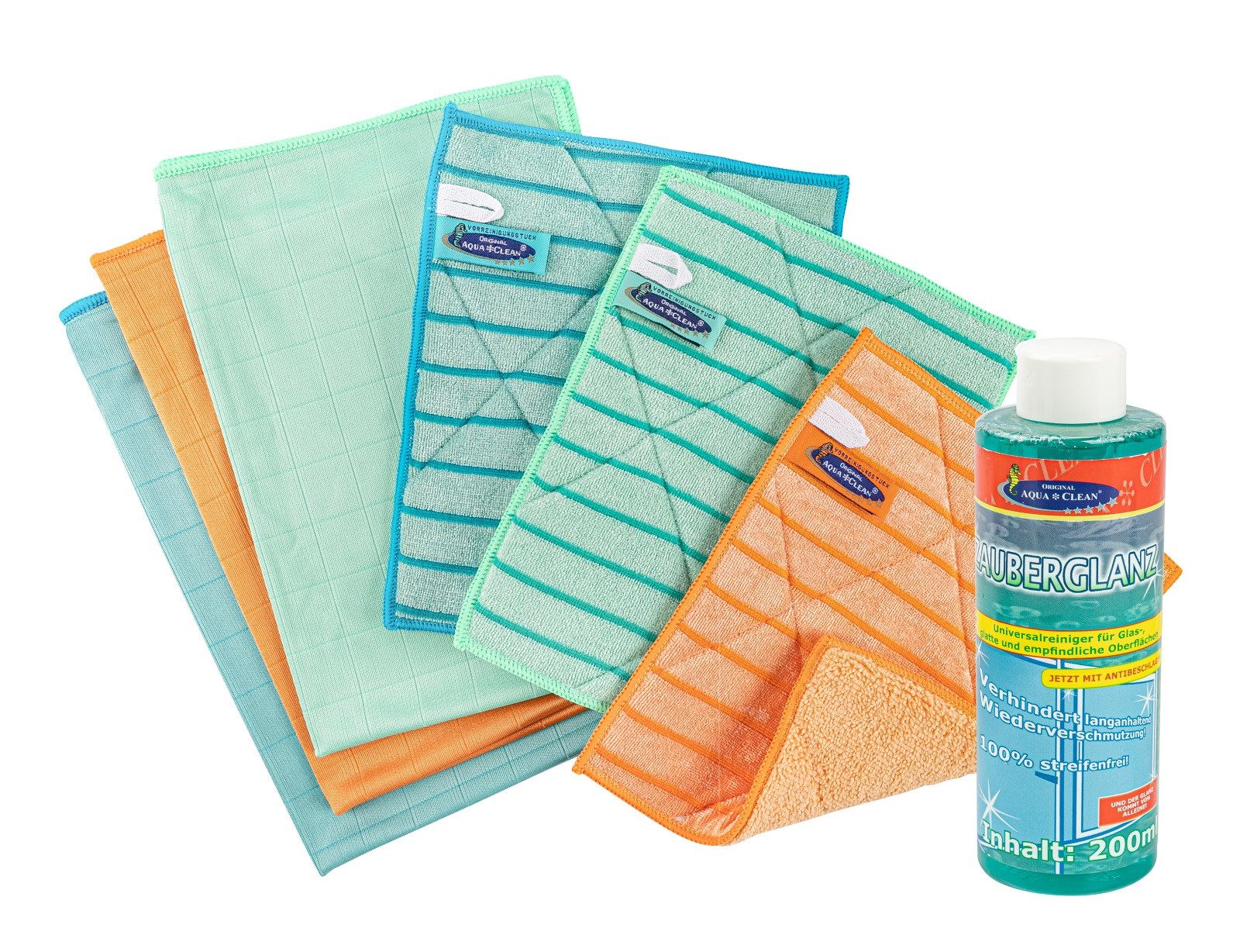 AQUA CLEAN Geschirrtuch Mikrofaser Fenstertuch Ultra Plus Kristall 6tlg. + Zauberglanz 200ml, (3 Trockentücher, 3 Vorreinigungstücher, 1 Zauberglanz 200 ml), Streifenfrei, saugstark, waschbar und mit Antibeschlagwirkung