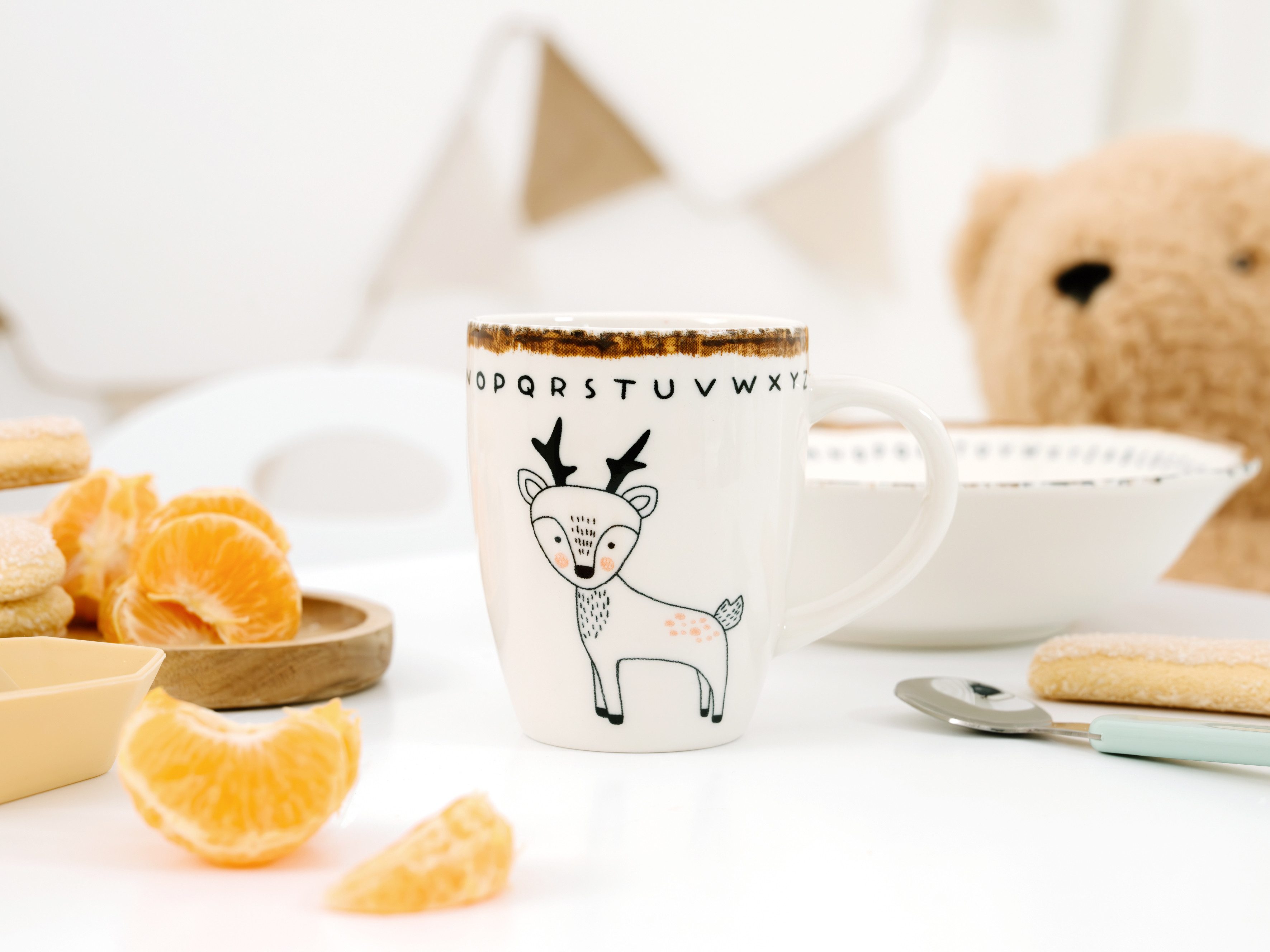 CreaTable Kindergeschirr-Set Freunde des Waldes Reh, Kinder Set 3-tlg. (3-tlg), 1 Personen, Steinzeug, Tiermotive, skandinavischer Stil, unregelmäßiger brauner Rand