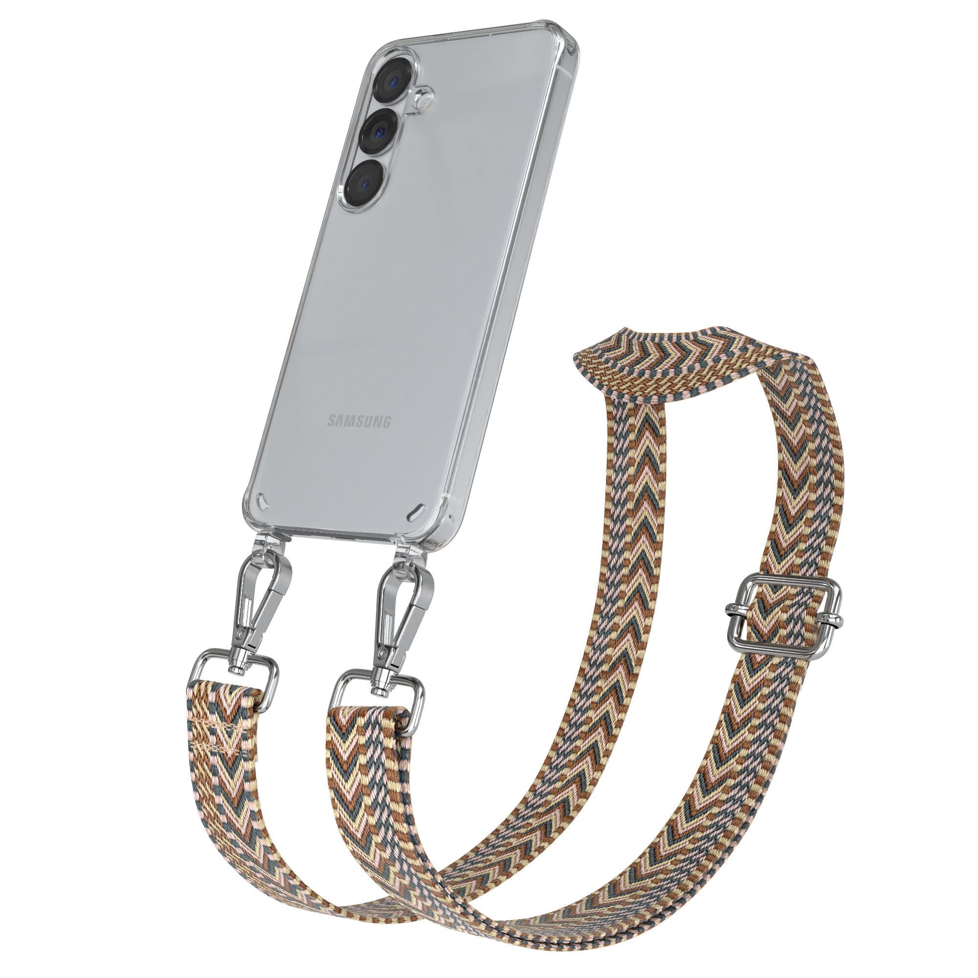 EAZY CASE Handykette Boho Umhängeband für Samsung Galaxy S25 6,2 Zoll, Schulterriemen Taschenband Handyband Clear Hülle mit Band Braun Mix
