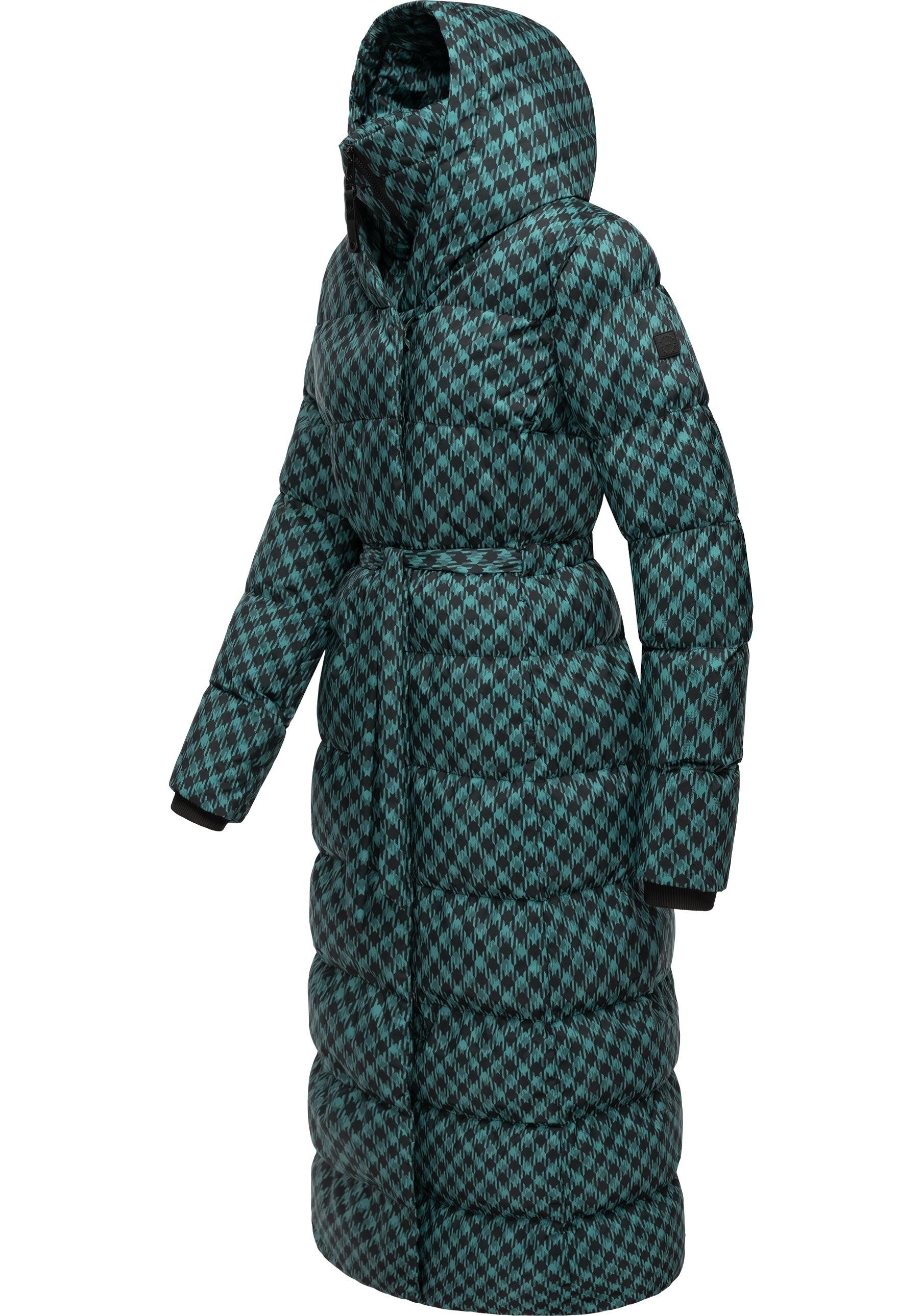 Ragwear Steppmantel Niara Long Print wasserdichter Mantel mit angesagtem Hahnentritt Muster