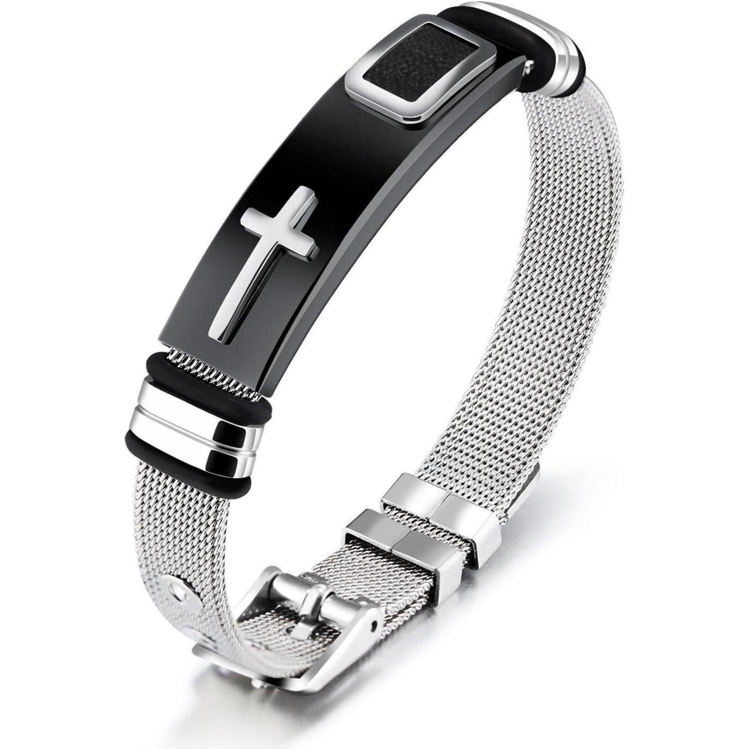 Armreif Herren Edelstahl Armband Einstellbar Mesh Armreif Kreuz Silber
