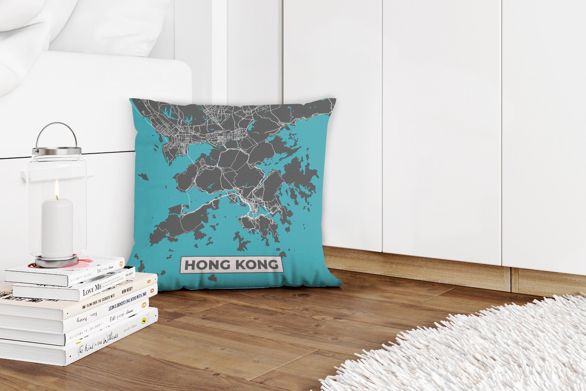 MuchoWow Dekokissen Hongkong Stadtplan, Deko, - für Sofakissen - Schlafzimmer, - Blau Karte Zierkissen Füllung Wohzimmer, mit