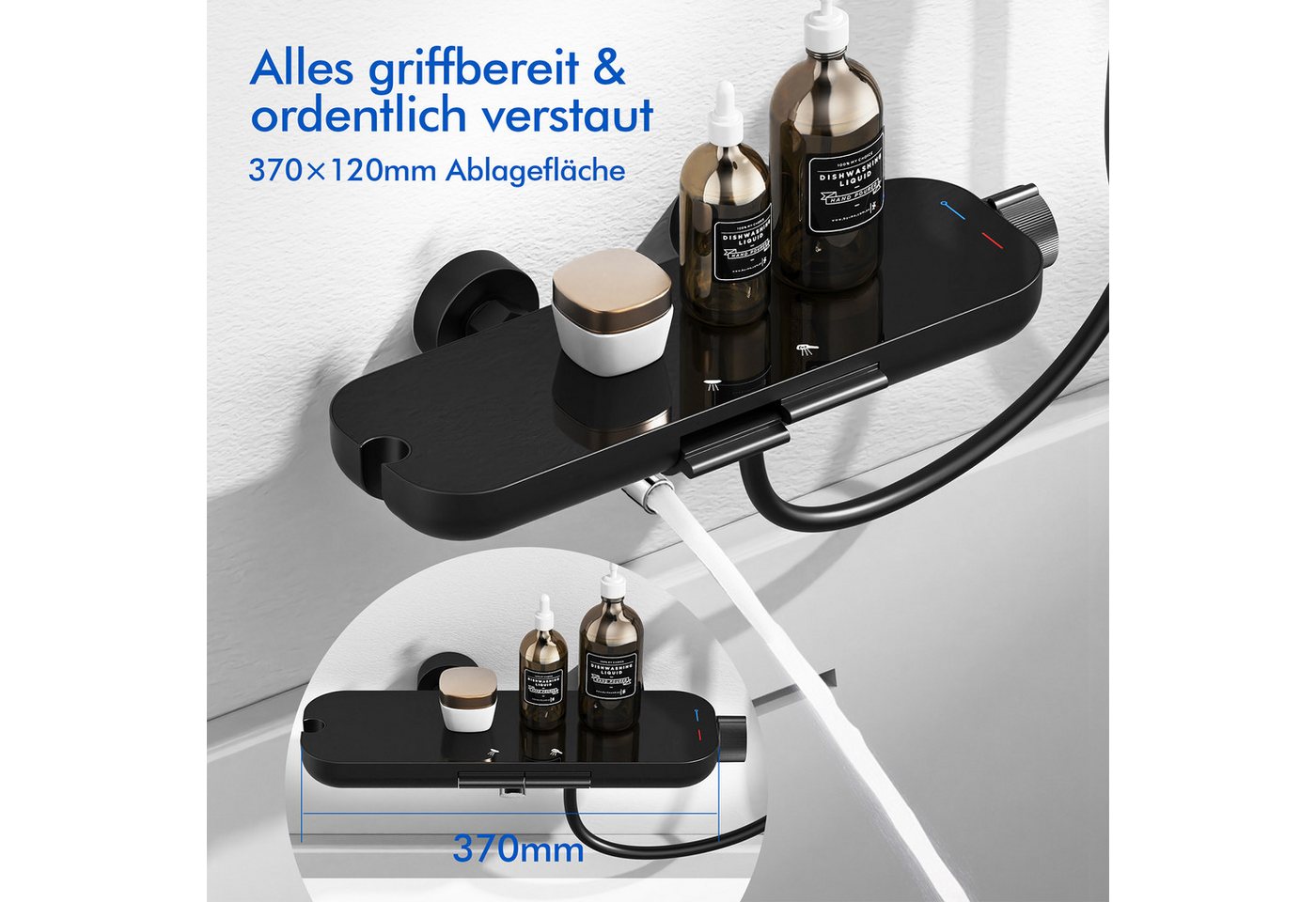 HOMELIVE Duschsystem Duscharmatur Schwarz mit Ablage – Wandarmatur für Dusche & Badewanne, Set, 370 × 120 mm Glasablage,schwenkbarer Auslauf,Standard G 1/2 Anschluss