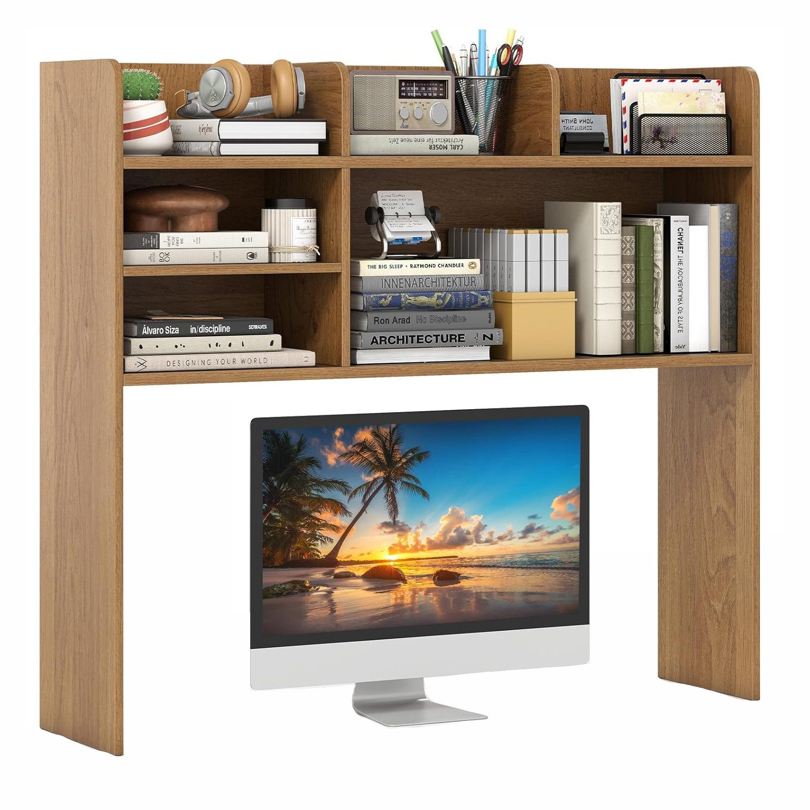 KOMFOTTEU Regal-Schreibtisch Schreibtischregal, mit 6 offenen Regalen, für Monitore bis zu 32"