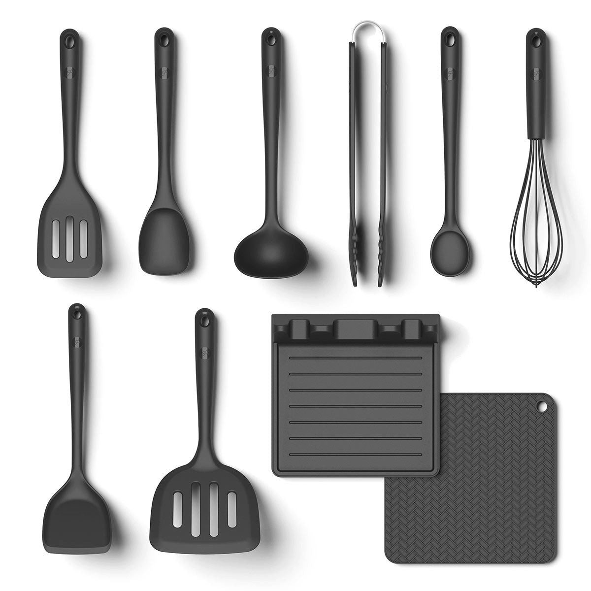 Hoffmann Germany Kochbesteck-Set 10-tlg. Küchenhelfer Pfannenwender Kochlöffel Zange (Set, 10-tlg., 10-tlg.: Pfannenwender, Kochlöffel, Zange, Kelle, Ablage u.v.m), Schöpfkelle, Schneebesen, Ablage, Untersetzer, spülmaschinengeeignet