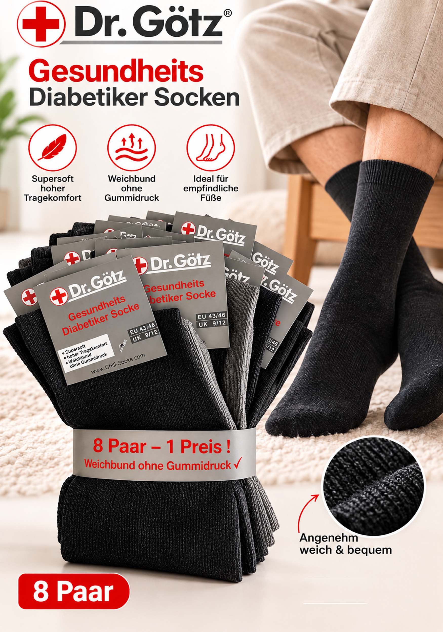 Chili Lifestyle Diabetikersocken Dr. Götz BestCare Gesundheitssocken 8 Paar für Damen und Herren (Multipack, 8-Paar, 4 Farben - Sensitiv Socken für empfindliche Füße, Baumwolle) Komfortbund ohne Gummidruck, atmungsaktiv