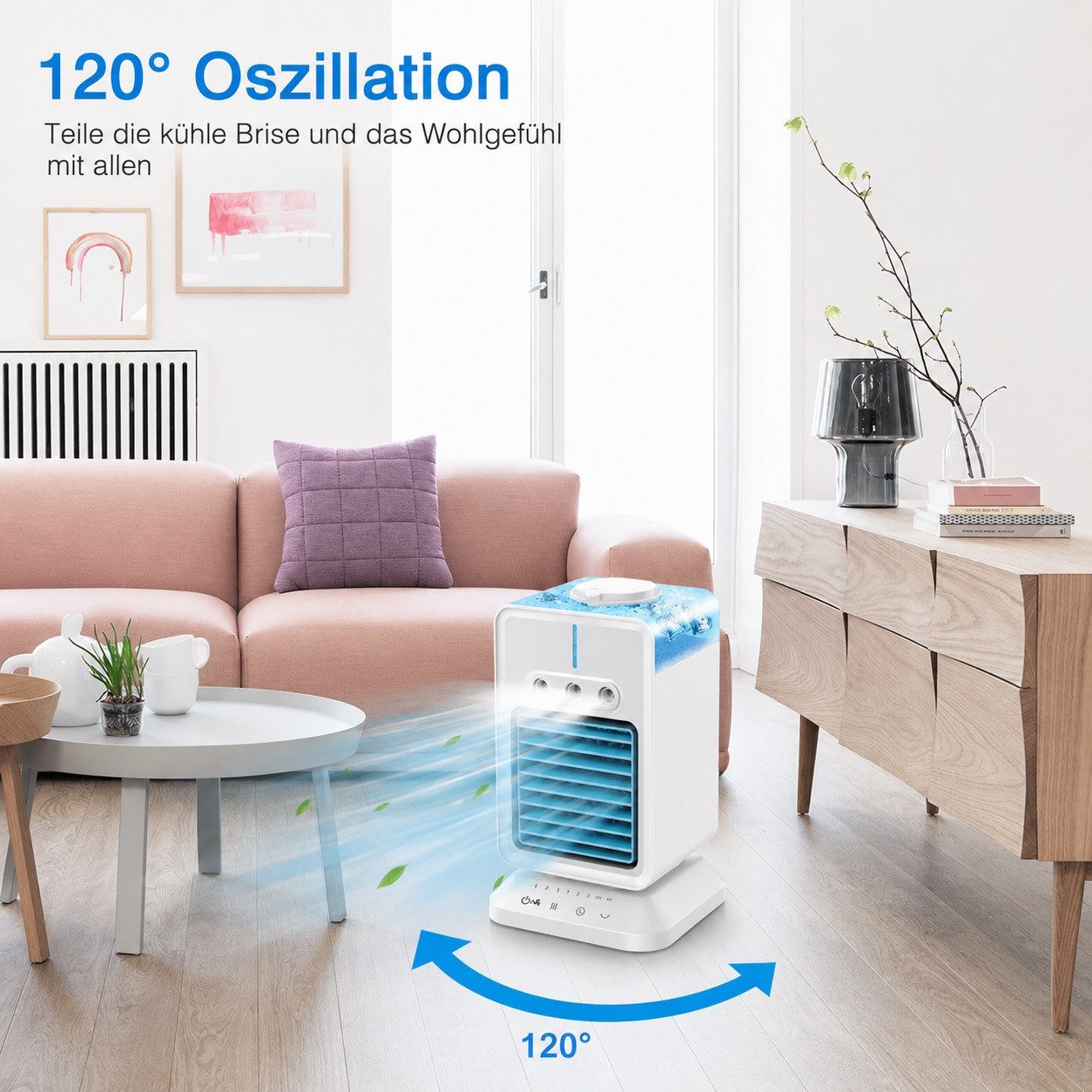 MOPUEA Ventilatorkombigerät 4-in-1 Mini-Luftkühler, Tischventilator mit Wassersprühnebel, 3 Geschwindigkeitsstufen, 120°-Oszillation, 200-ml-Wassertank, USB-C