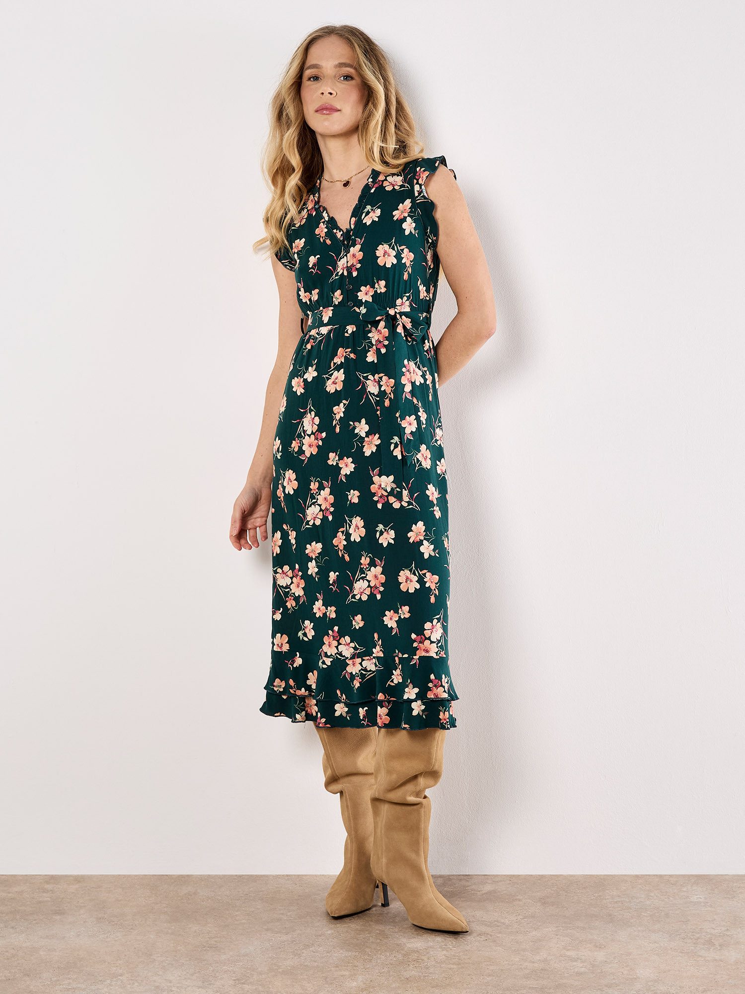 Apricot Midikleid Geblümtes Midikleid (mit Bindeband) mit Bindegürtel