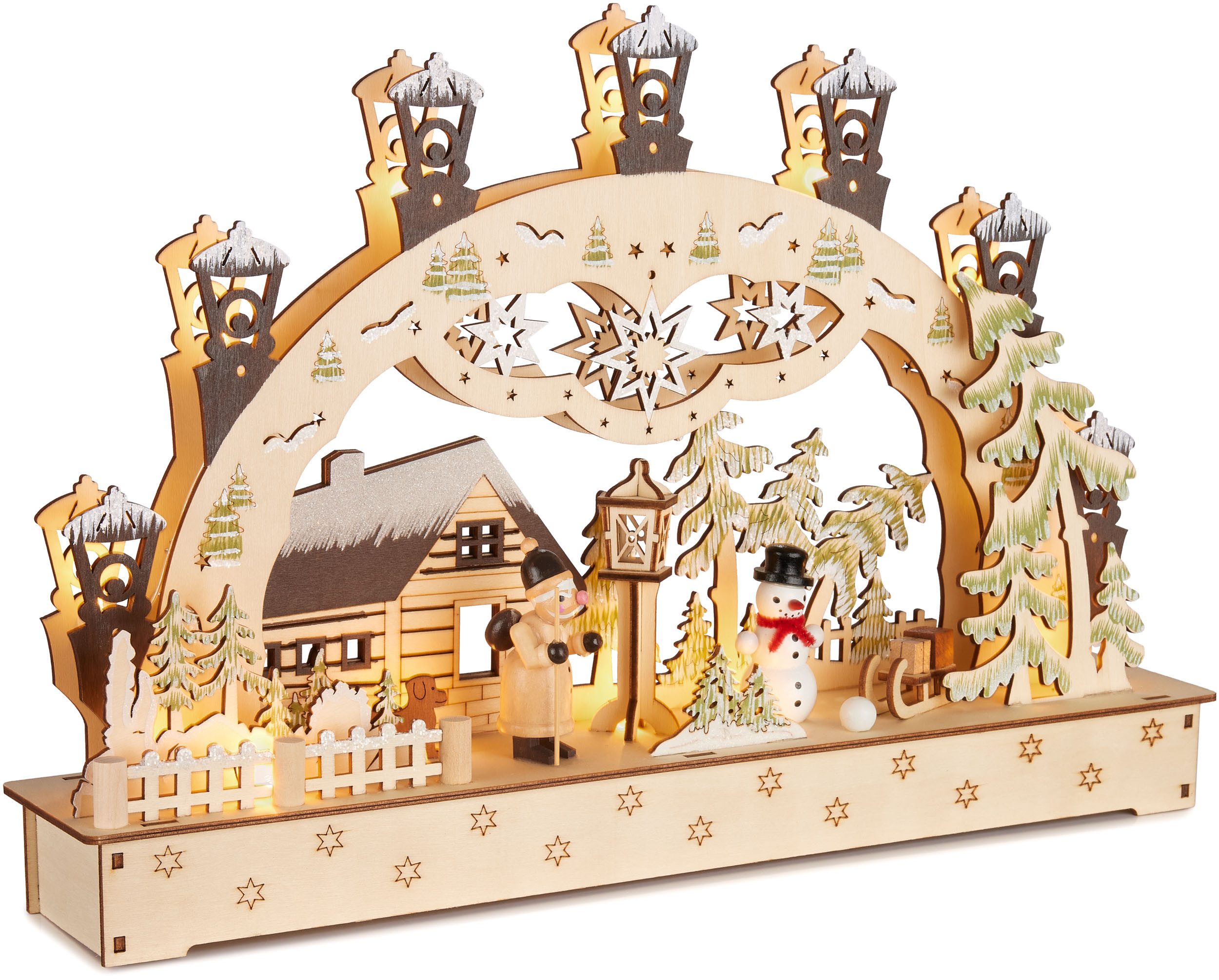 BRUBAKER LED Lichterbogen 3D Schwibbogen - Weihnachtshaus im Wald mit Laternen - Fensterdeko, Weihnachtsbeleuchtung aus Holz Natur - Handbemalte Weihnachtsdeko