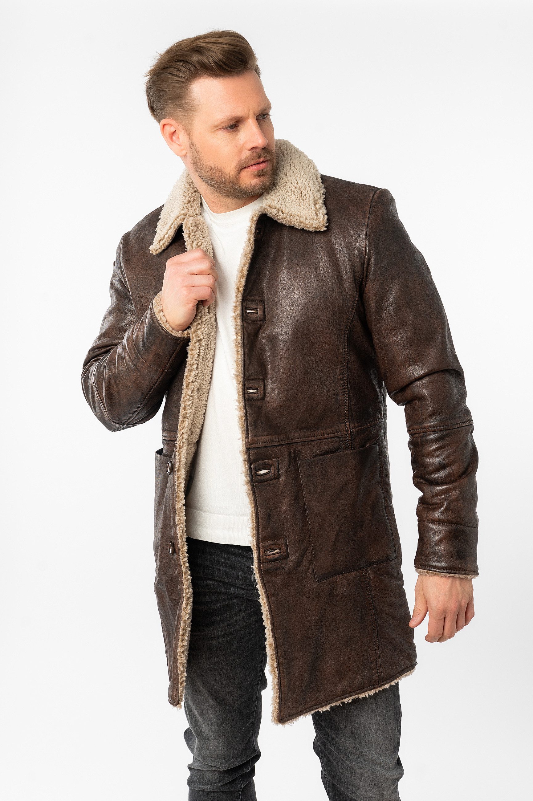 Mauritius Ledermantel MMGrisz Umlegekragen mit Kunstfellbesatz günstig online kaufen