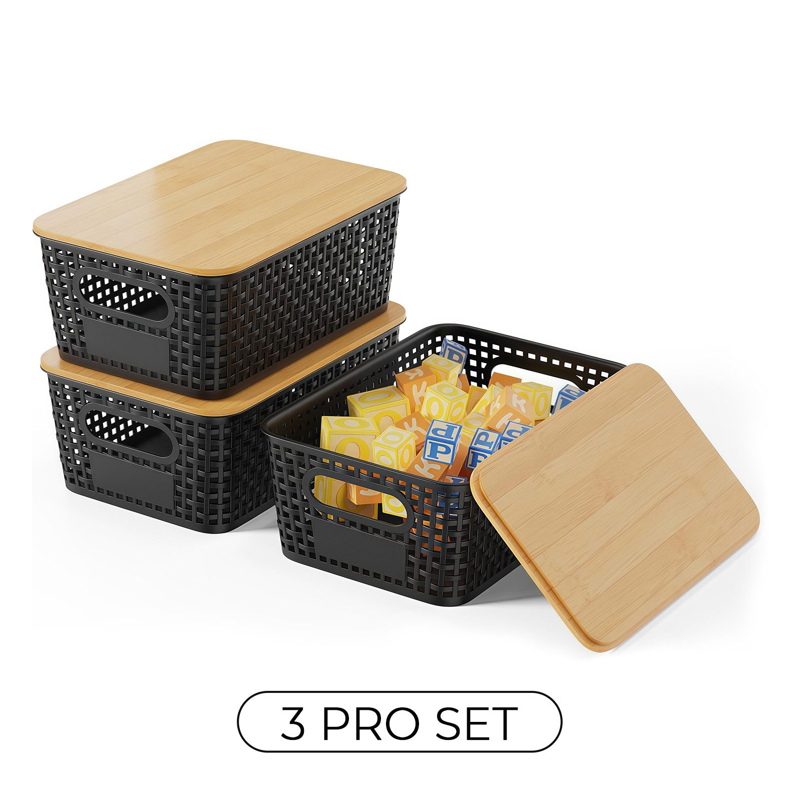PFCTART Aufbewahrungsbox Stapelbare Aufbewahrungskörbe mit Deckel, Kunststoff-Organizer (Set, 3 St., 5 L Stauraum – für Küche, Bad, Büro & Schlafzimmer (3er Set), Belüftet & robust aus PP mit natürlichem Bambusdeckel
