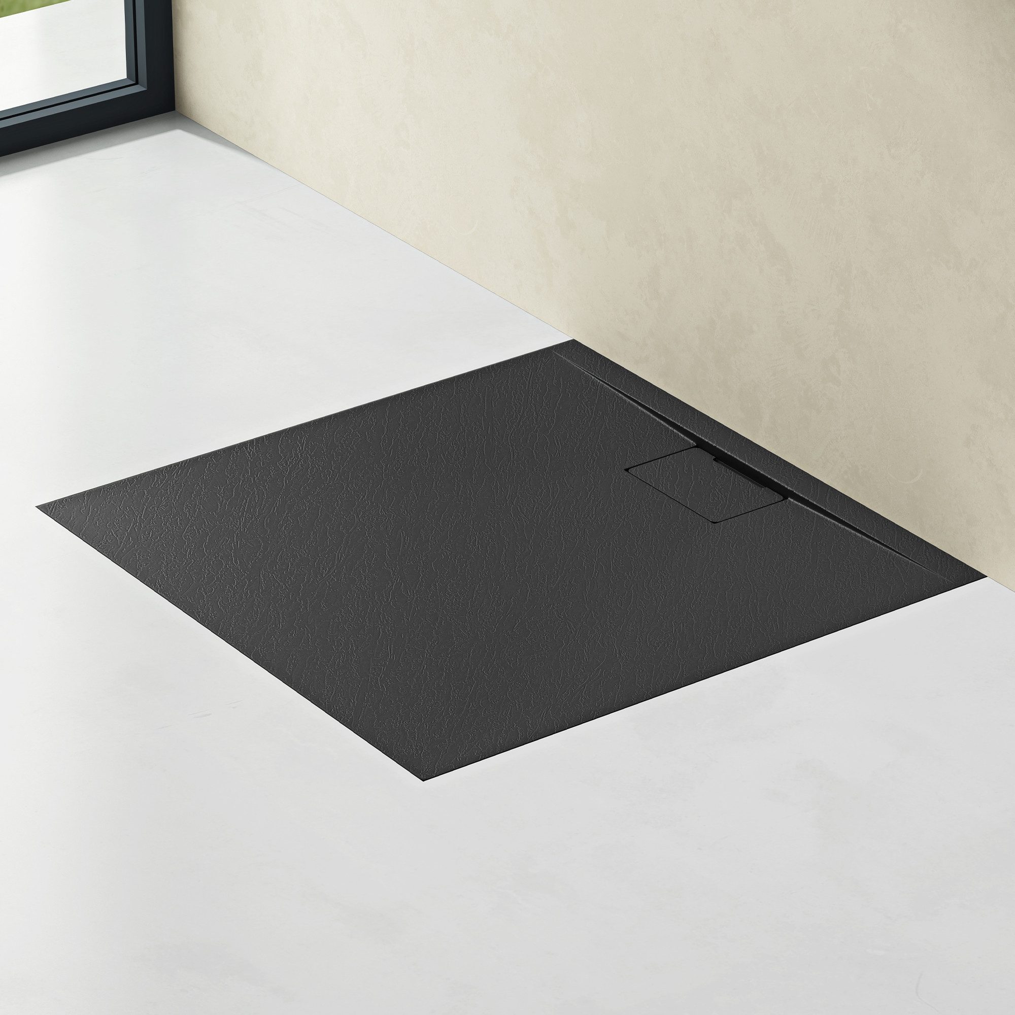 doporro Duschwanne Duschtasse flach aus Mineralguss DIN-Anschlüsse Boden Geoma07, Quadratisch, Mineralguss, BxT: 70-100cm x 80-160cm, Wahlweise mit oder ohne Ab – Bild 3 von 5