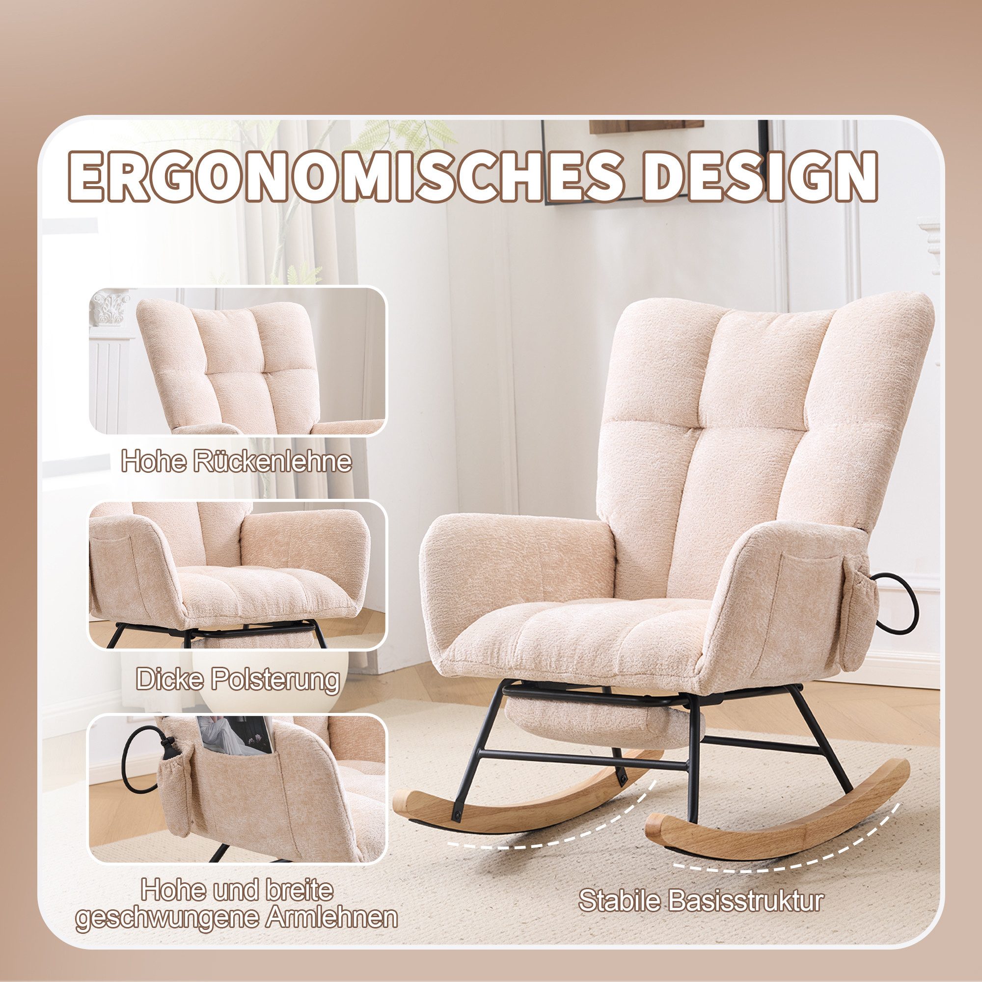Vankel Schaukelstuhl Schaukelstuhl Wohnzimmer mit Fußstütze & Luftkissen-Rückenlehne, Chenille Relaxsessel mit Stauraum & Komfort Rückenlehne