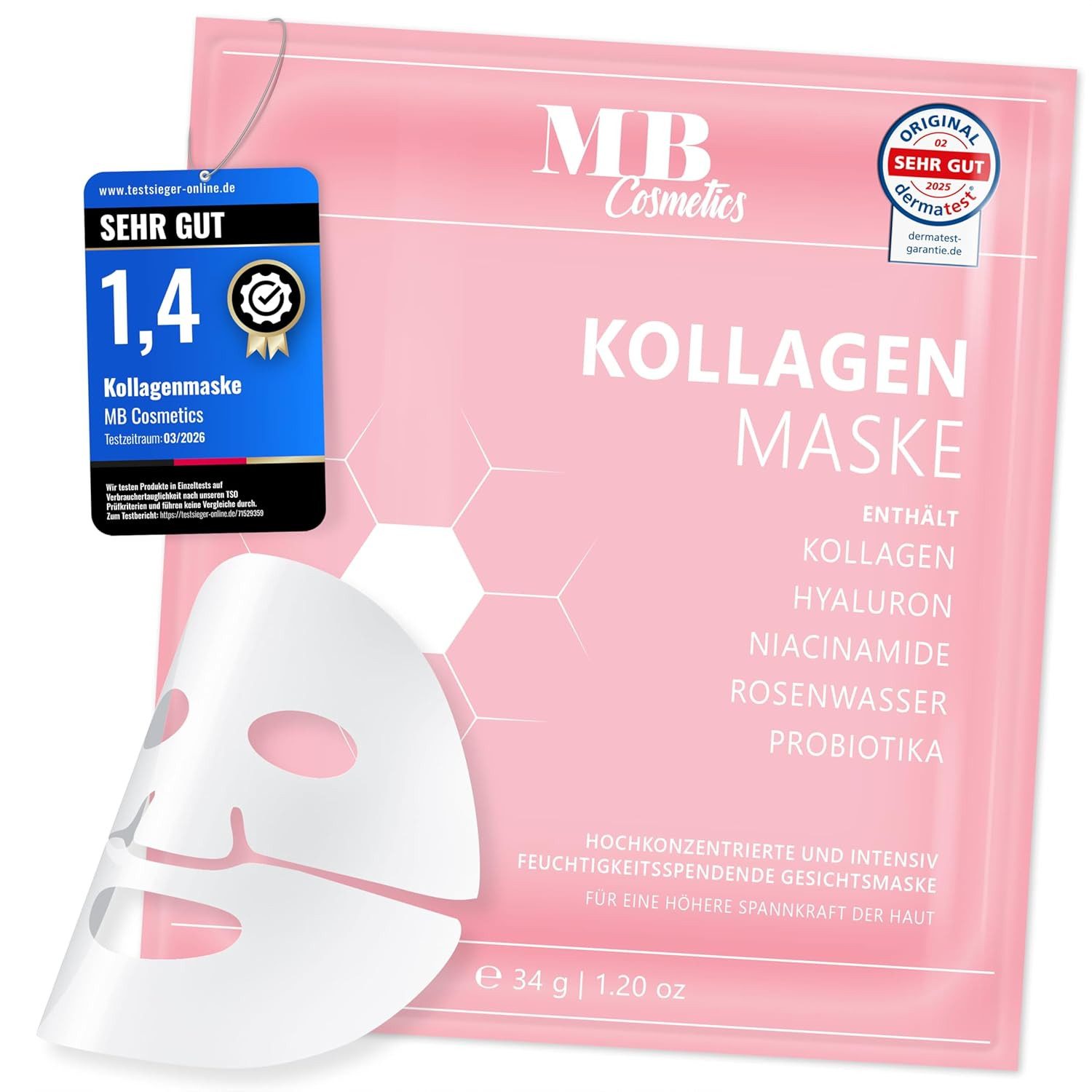 Medical Beauty Cosmetics Gesichtsmaske Kollagen Hydrogel Maske mit Hyaluron, Niacinamid, Probiotika Komplex, Glass Skin Glow Effekt, hochkonzentriert mit 52.000 ppm.