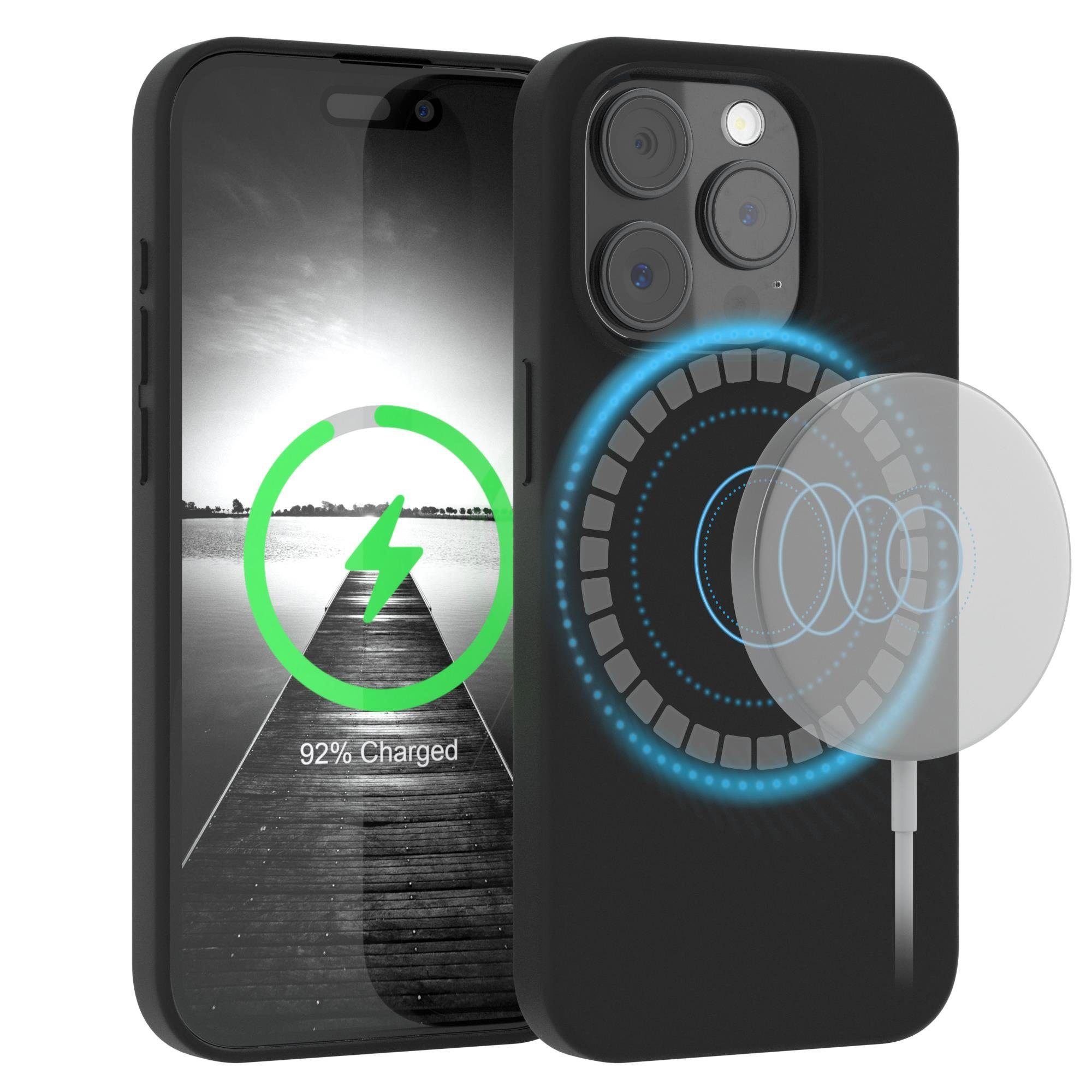 EAZY CASE Handyhülle Silikonhülle mit MagSafe für Apple iPhone 15 Pro 6,1 Zoll, Cover kompatibel mit Qi Magsafe Bumper Silicon Case kratzfest Schwarz