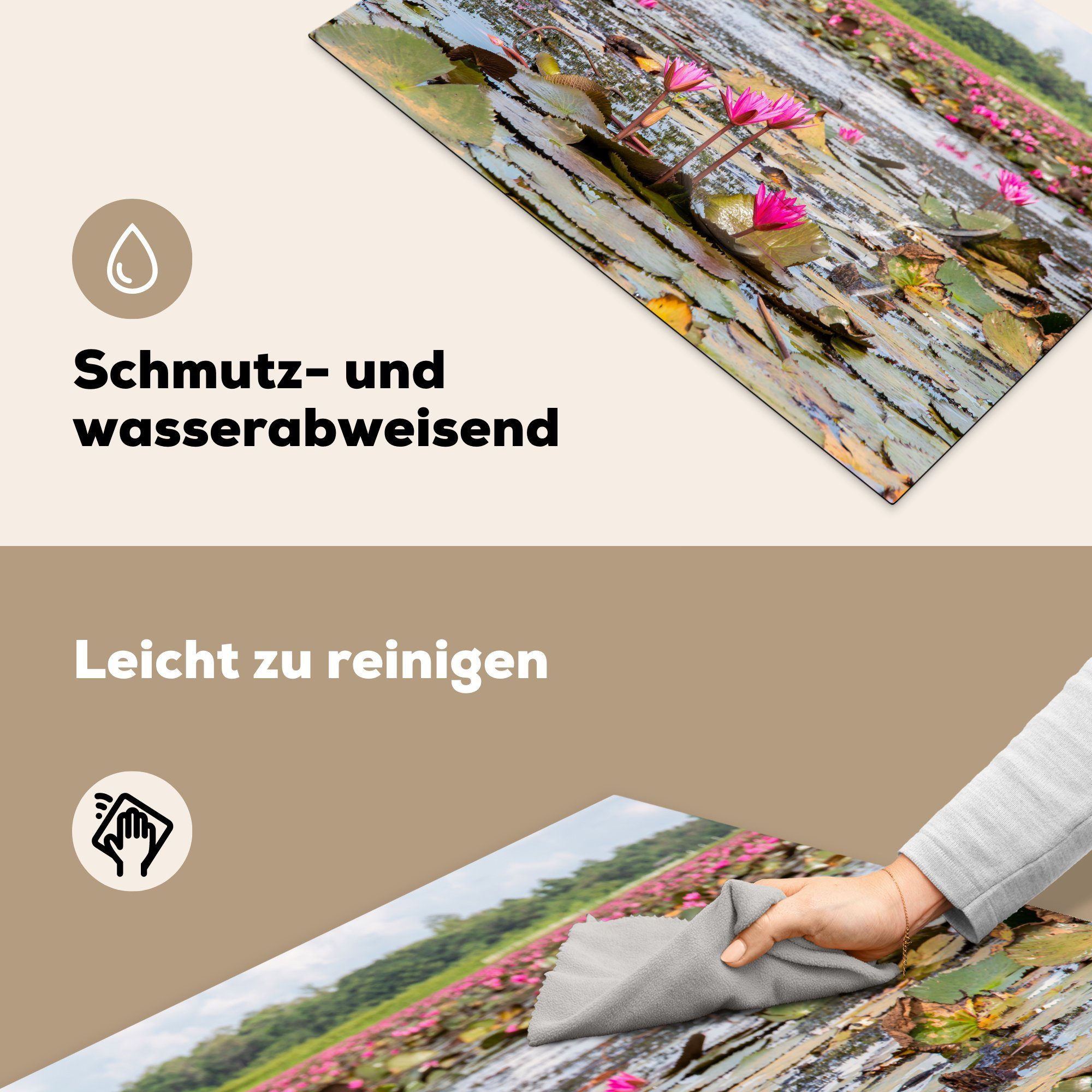 Vinyl, (1 Seerosen Ceranfeldabdeckung küche, Induktionskochfeld 81x52 in tlg), die Schutz Herdblende-/Abdeckplatte MuchoWow einem für cm, Teich, Rosa