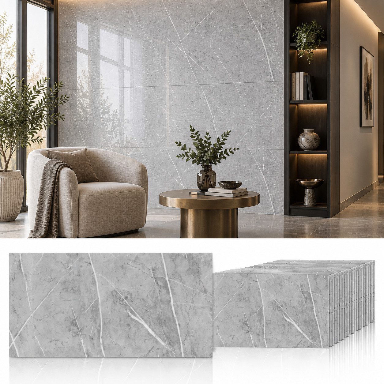 LEMLIT Fliesenaufkleber Selbstklebende Wandpaneele Marmoroptik 60 x 30 cm, 2,2 mm (20er Set, 20 St., Maße je Paneel: 60 x 30 x 0,22 cm), Wandverkleidung Marmoroptik, für Küche, Bad und Wohnzimmer
