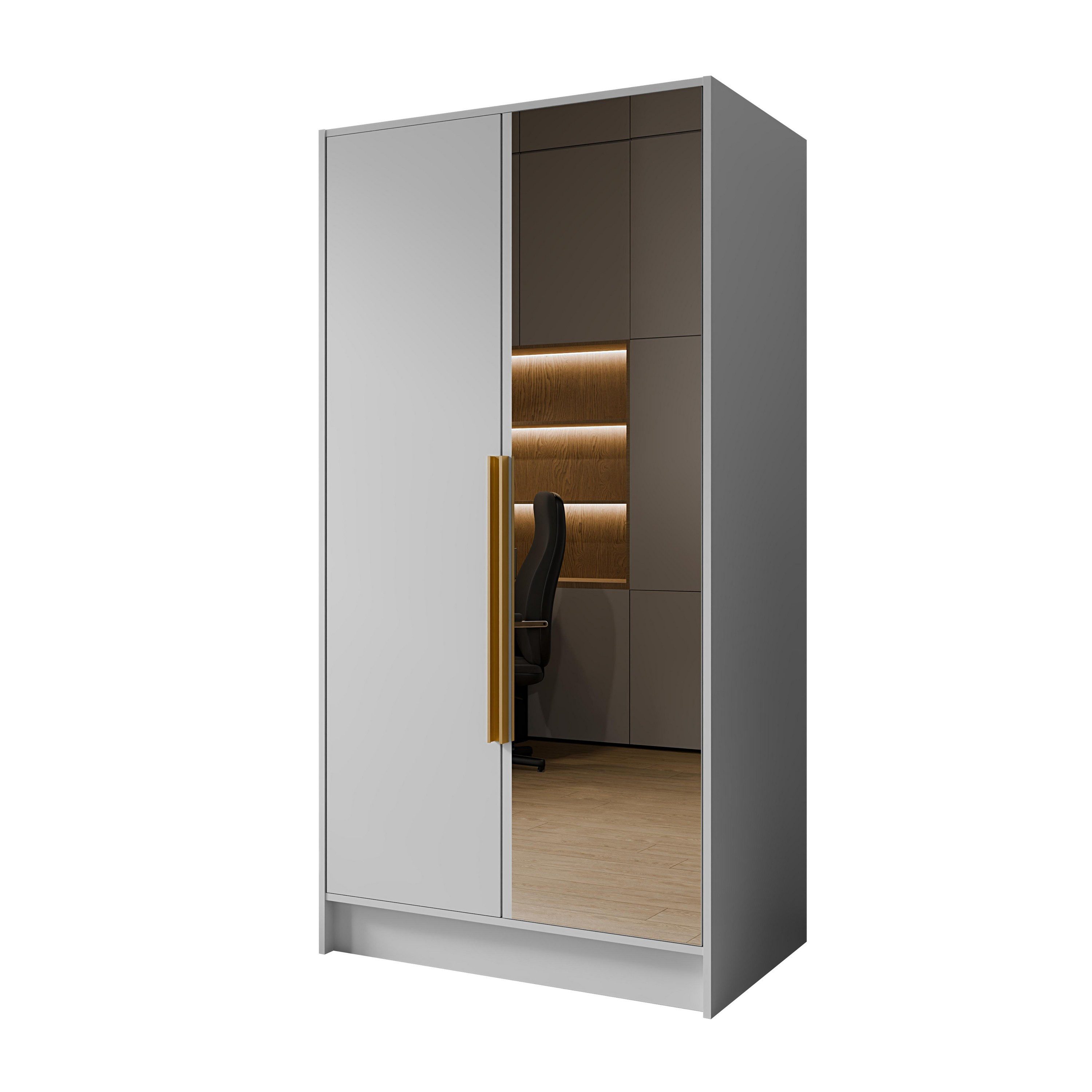 Masseno Drehtürenschrank RENVO 102 cm Kleiderschrank mit Spiegel 2 Türen Weiß