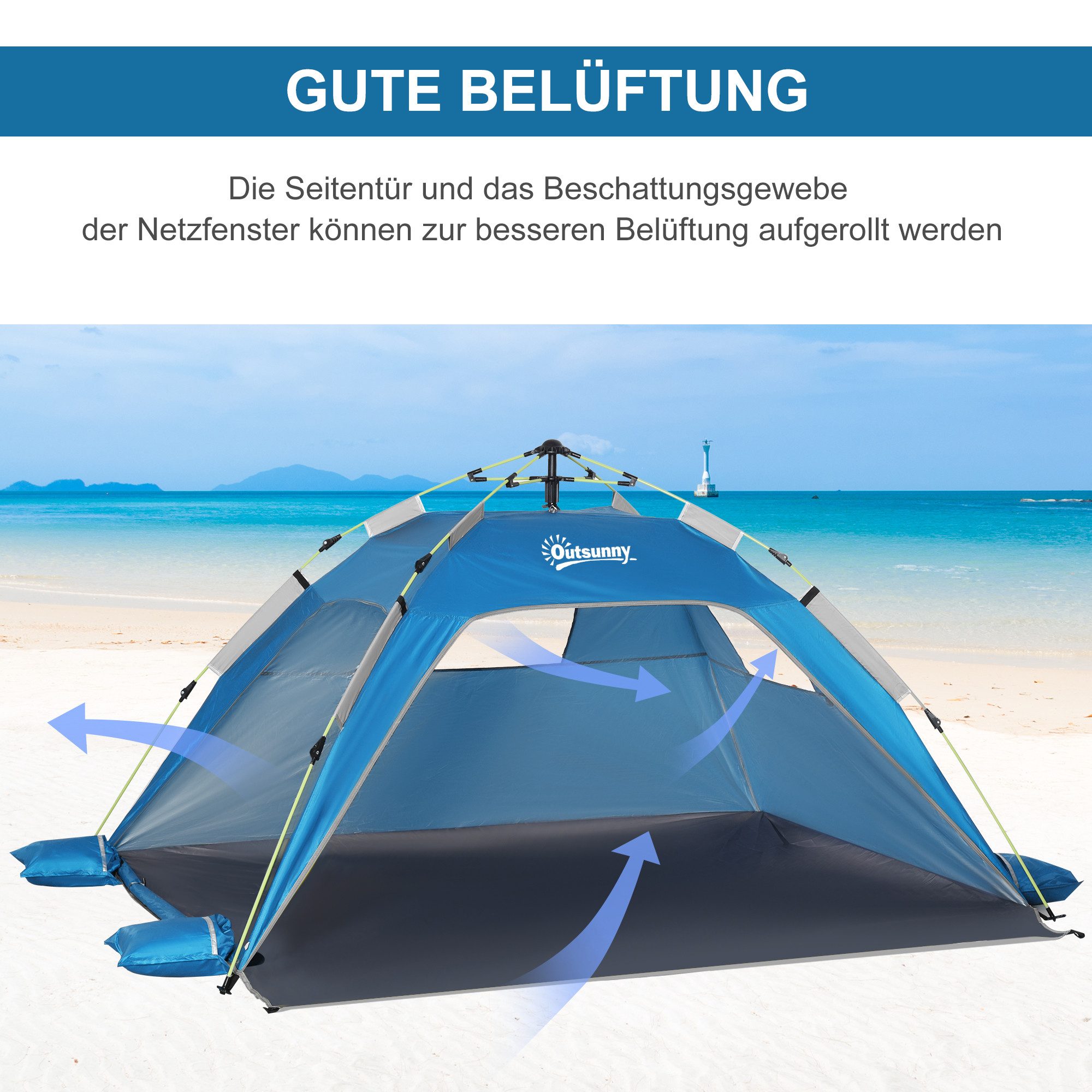 Elegear Strandmuschel mit Sonnendach für 2 Personen, Pop Up Strandzelt (UV Schutz UPF 50), Personen: 2 (1 tlg), Strandmuschel Tragbares für Familie, Picknick, Strand, Himmelblau