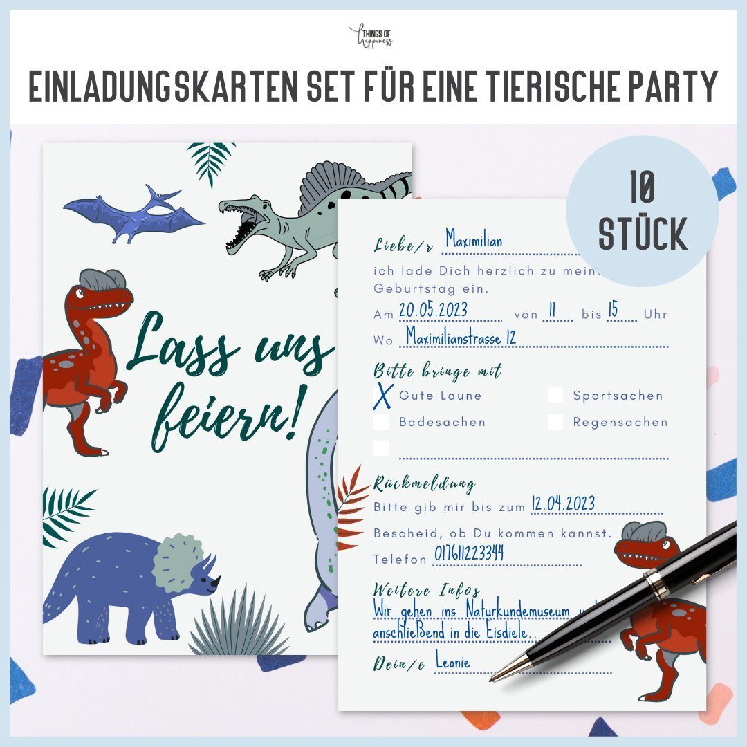 Things of Tiere Reh inkl. Dinosaurier Kindergeburtstag Dschungel Umschläge Happiness 10 Einladungen Safari Feuerwehr, Einladungskarten