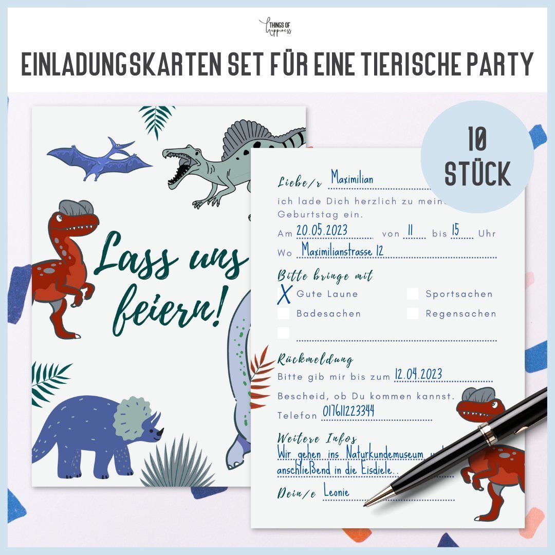 Things of Happiness Einladungskarten 10 Kindergeburtstag Einladungen inkl. Umschläge Tiere Feuerwehr, Dinosaurier Safari Reh Dschungel – Bild 2 von 5