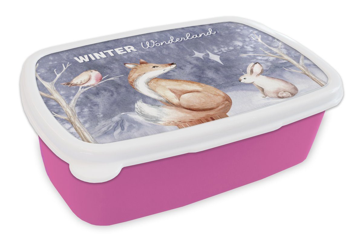 MuchoWow Lunchbox Winter - Fuchs - Vogel - Kaninchen, Kunststoff, (2-tlg), Brotbox für Erwachsene, Brotdose Kinder, Snackbox, Mädchen, Kunststoff rosa