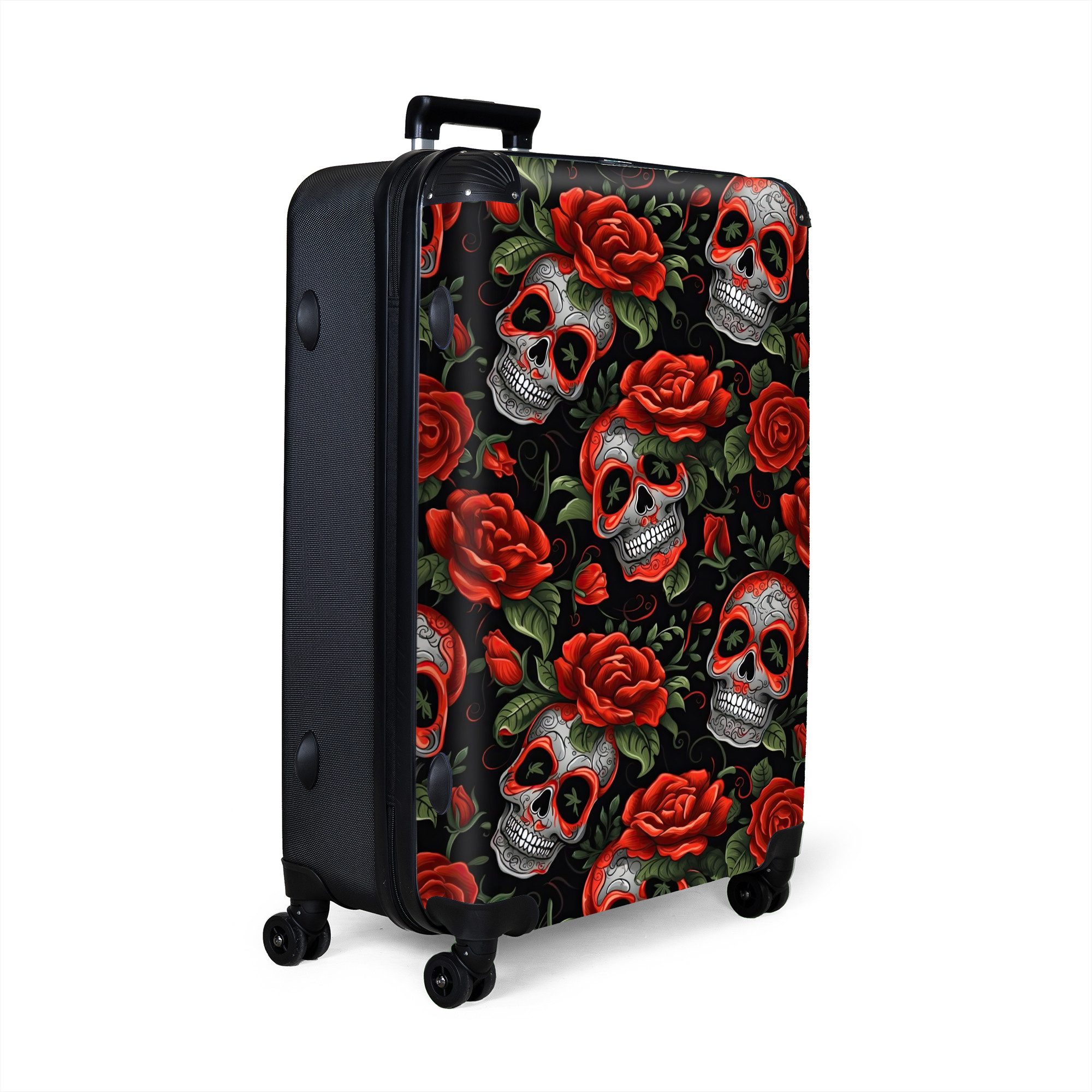 NoBoringSuitcases.com© Hartschalen-Trolley Totenkopf - Rosen - günstig online kaufen