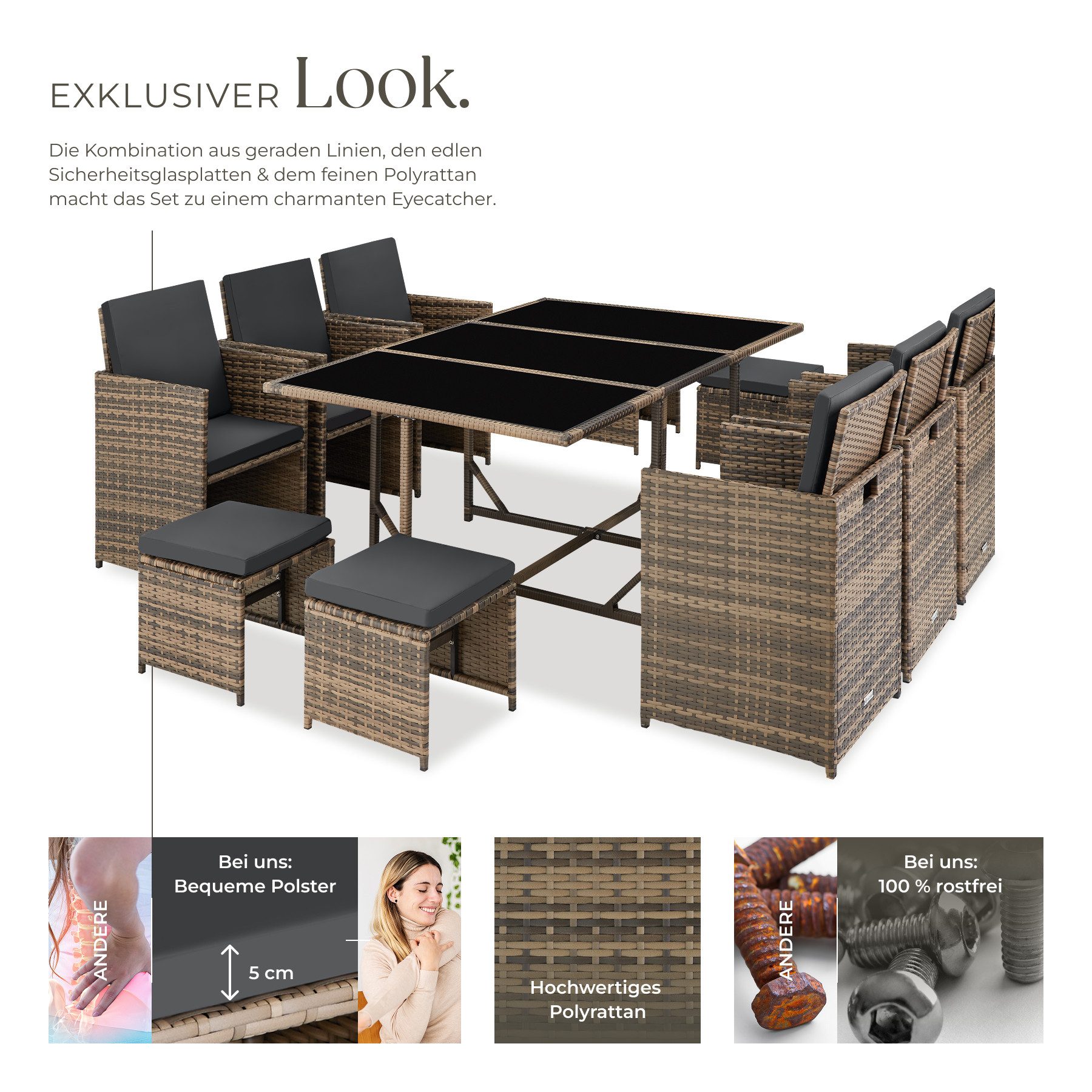 tectake Sitzgruppe Rattan-Gartenlounge für 6 bis 10 Personen, Inkl. Schutzhülle, (Loungeset Malaga, 12-tlg., für Außen in Naturfarben), widerstandsfähig, UV-beständig, mit Sicherheitsglasplatten