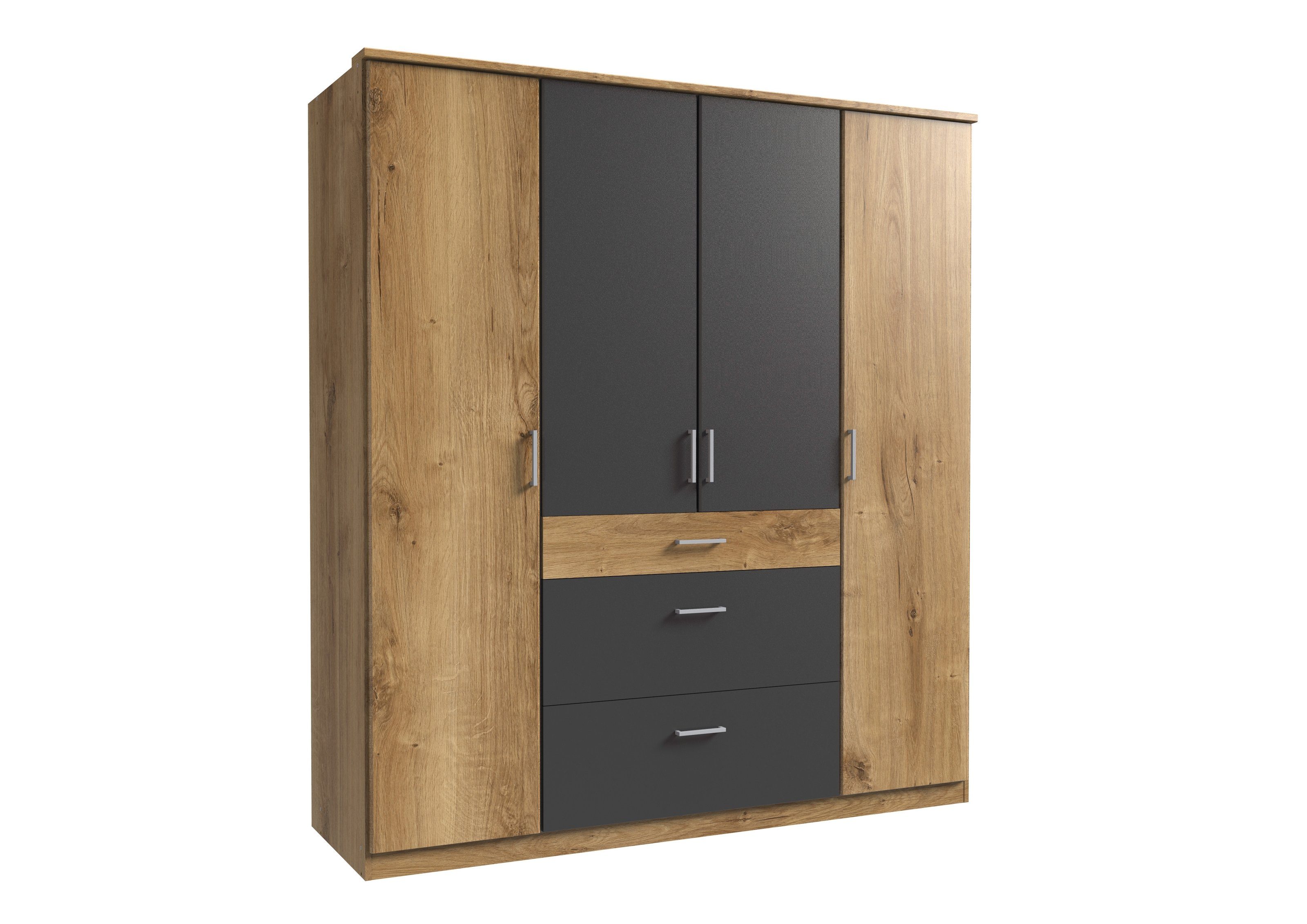 freiraum Kleiderschrank Click (B/H/T: 180x198x58 cm) in Plankeneiche-Nachbildung mit 3 Schubladen und 4 Türen