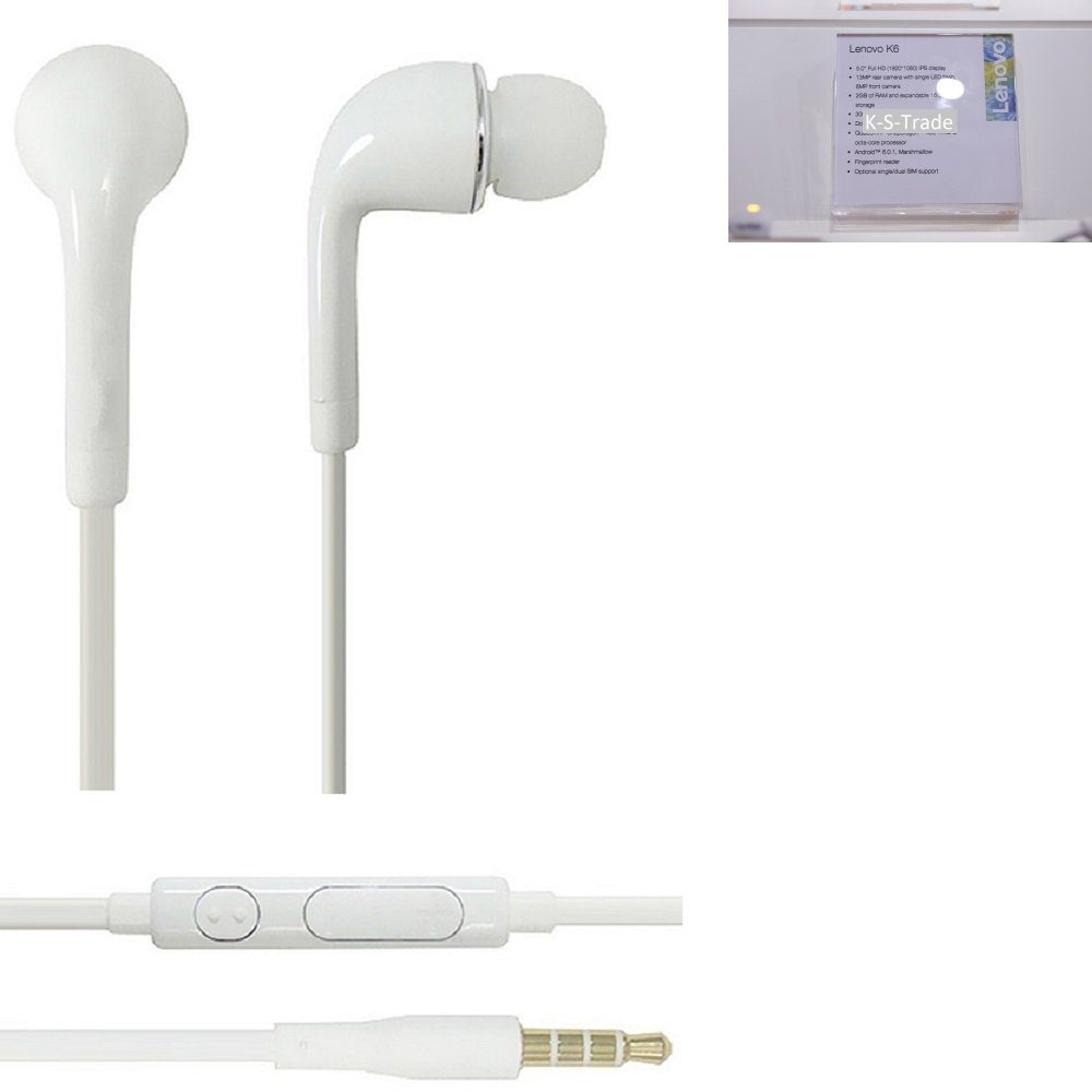 K-S-Trade für Lenovo K6 In-Ear-Kopfhörer (Kopfhörer Headset mit Mikrofon u Lautstärkeregler weiß 3,5mm)