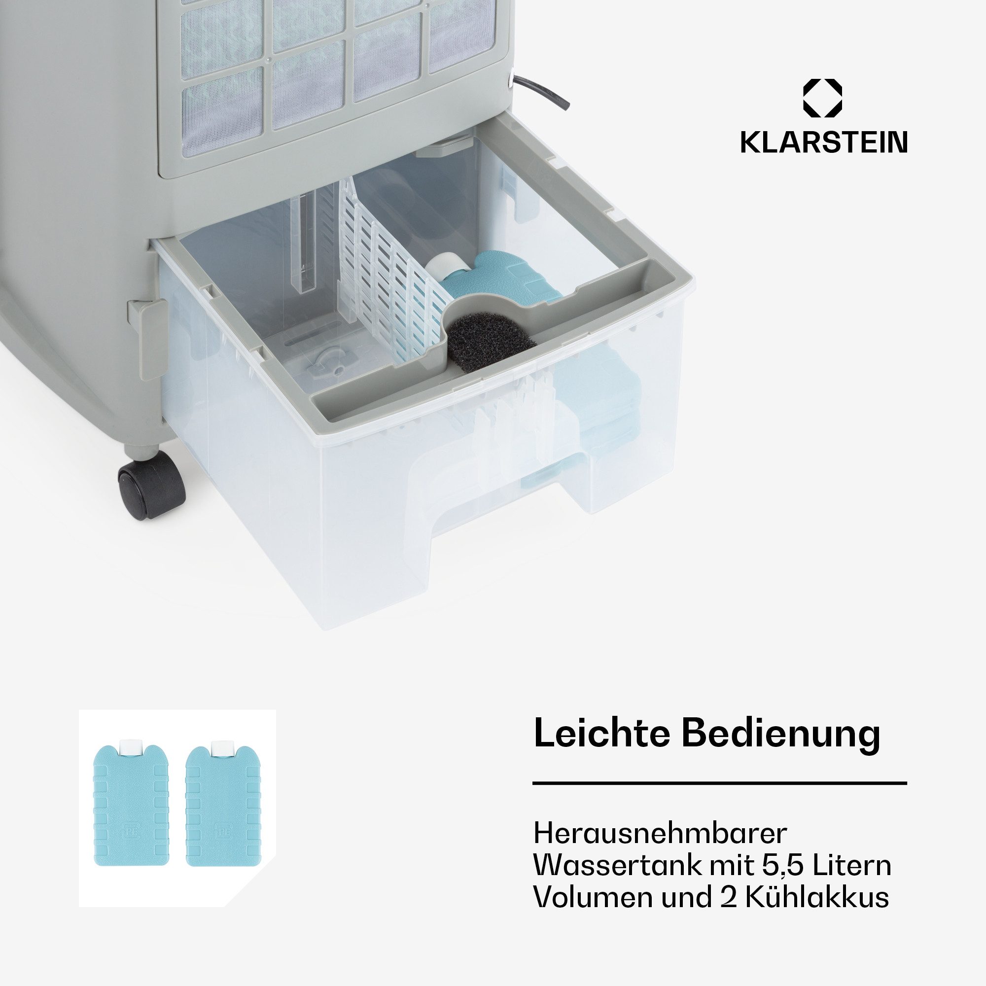 Klarstein Ventilatorkombigerät Whirlwind 5,5 L 900 m3/h Luftkühler Weiß, mit Wasserkühlung & Eis mobil Klimagerät ohne Abluftschlauch
