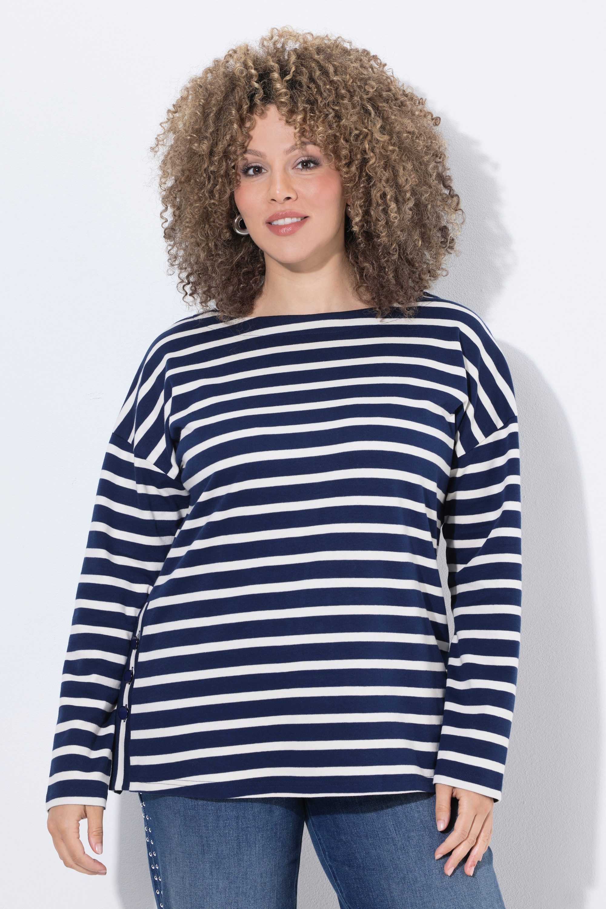 Ulla Popken T-Shirt Shirt Ringel Oversized U-Boot-Ausschnitt Langarm