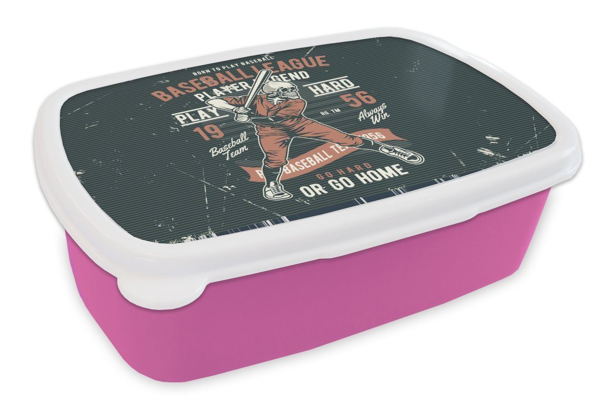 MuchoWow Lunchbox Jahrgang - Skelett - Baseball, Kunststoff, (2-tlg), Brotbox für Erwachsene, Brotdose Kinder, Snackbox, Mädchen, Kunststoff rosa | Lunchboxen