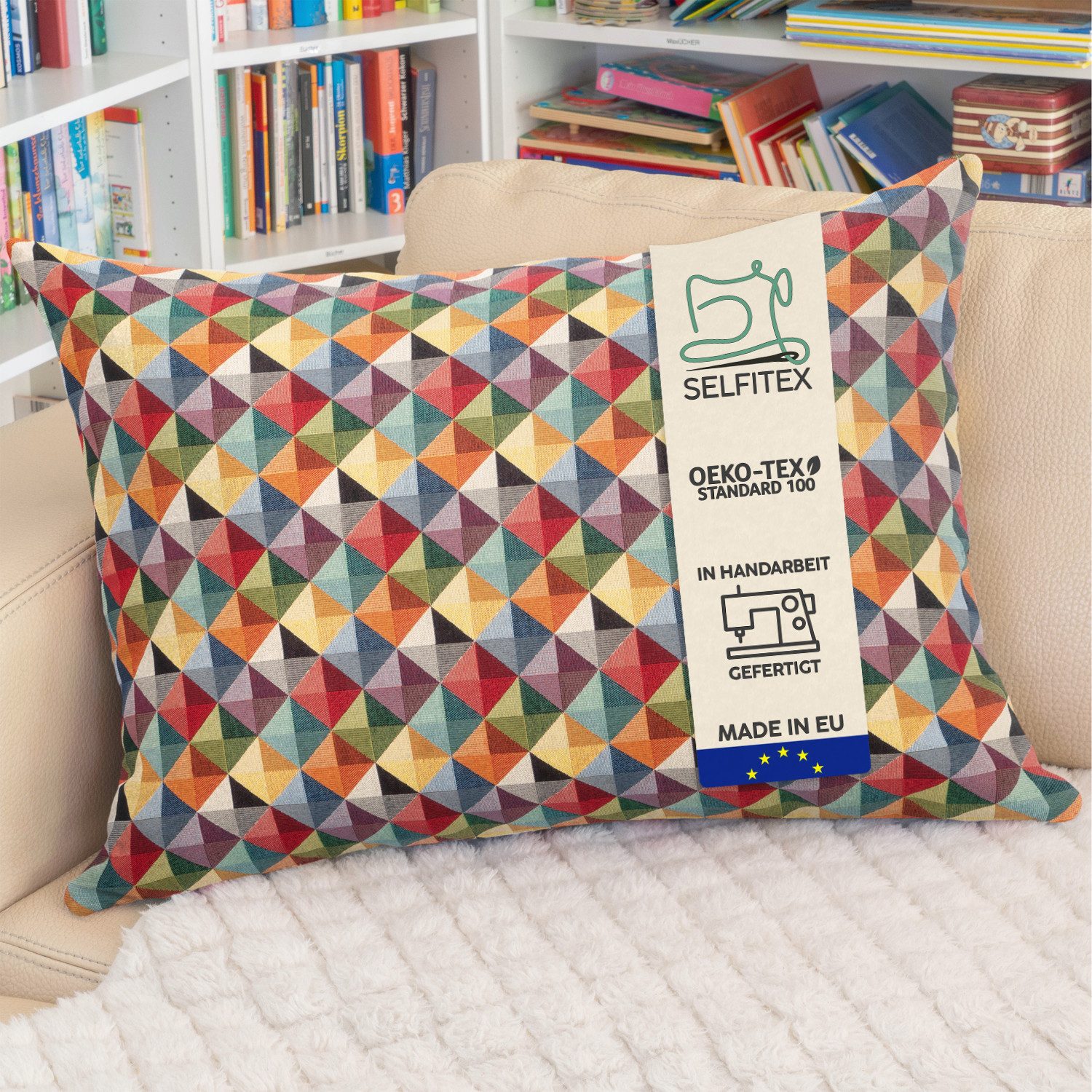 Selfitex Dekokissen XXL 60x80, inkl. Füllkissen, bunter Gobelin-Stoff, Sofakissen aus einer Baumwollmischung, für Bett und Couch.