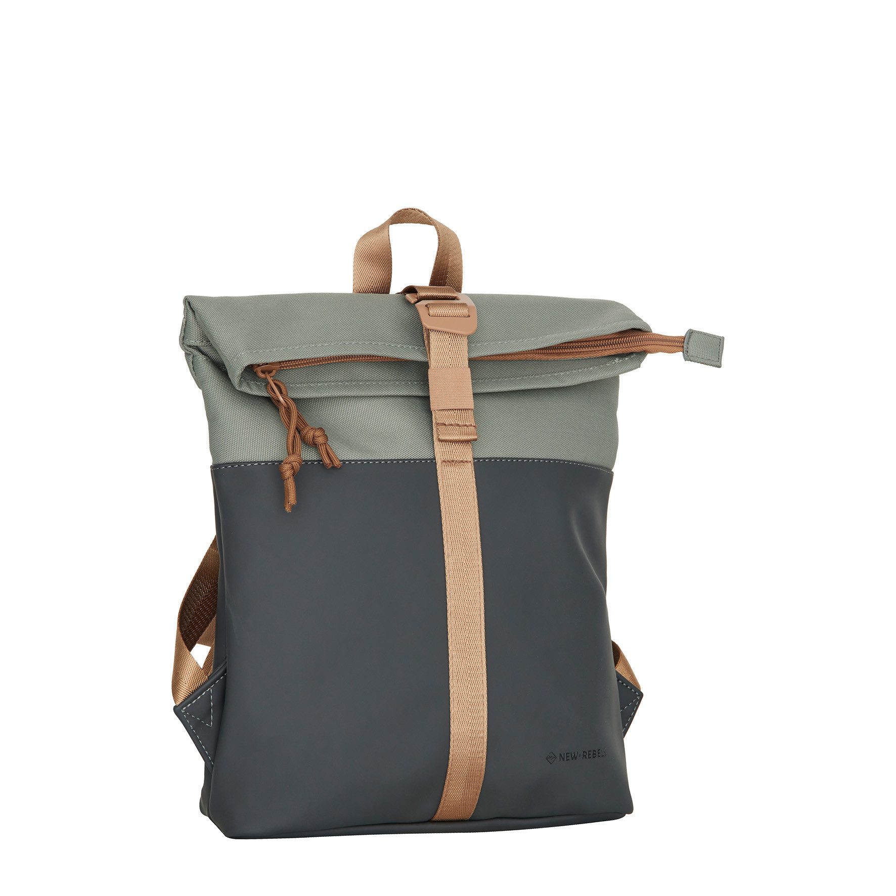 NEW REBELS Cityrucksack kleiner Roll Up RollTop Kurier Rucksack Ferron Los Angeles, wasserabweisendes Planenmaterial, anthrazit kupfer