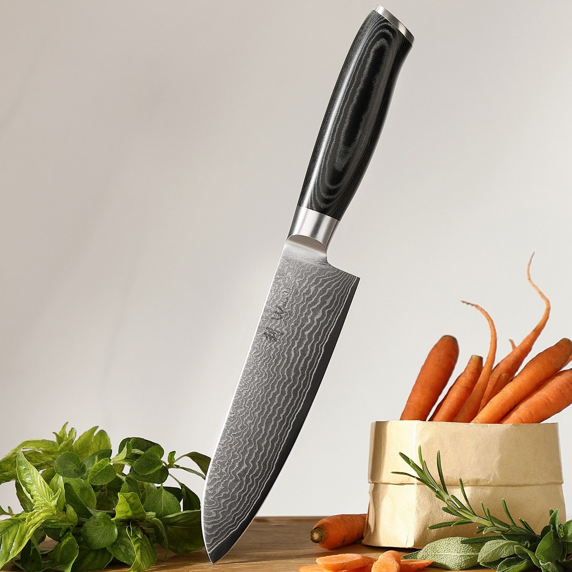 Wakoli Santokumesser Mikata Damast Santoku Küchenmesser 17 cm Klinge Micartagriff, aus 67 Lagen Damaststahl, VG10 Kern