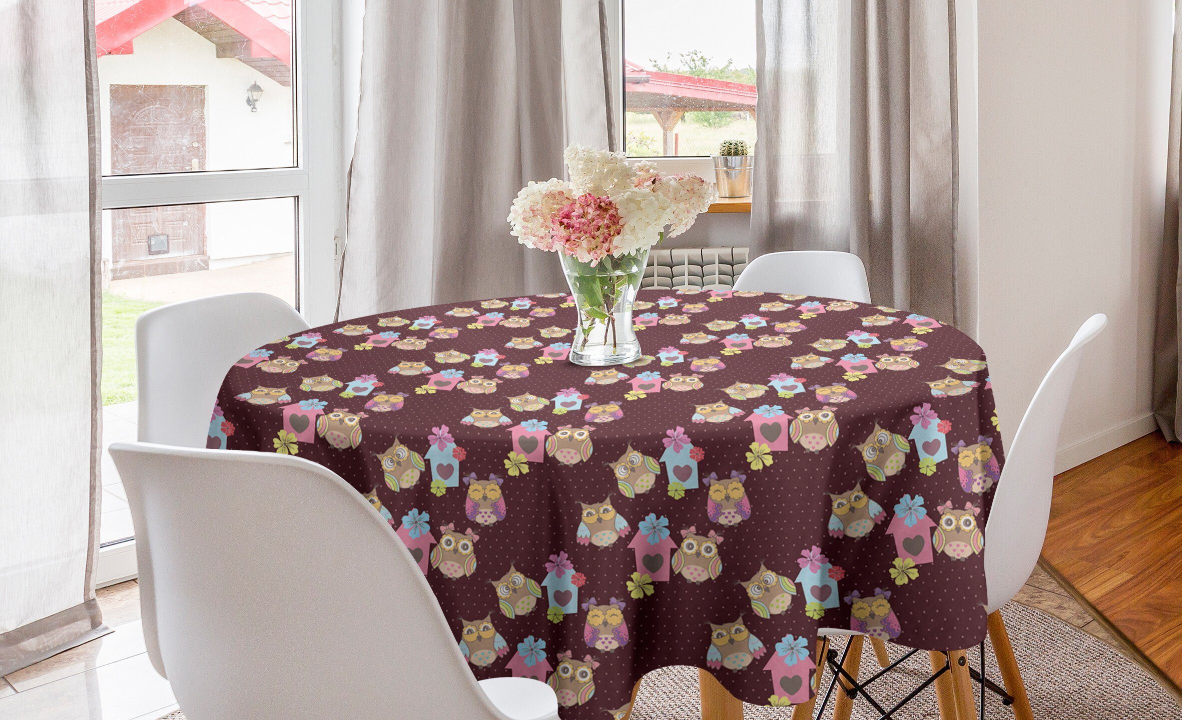 Abakuhaus Tischdecke Kreis Tischdecke Abdeckung für Esszimmer Küche Dekoration, Eulen Häuser und Vögel auf Punkte