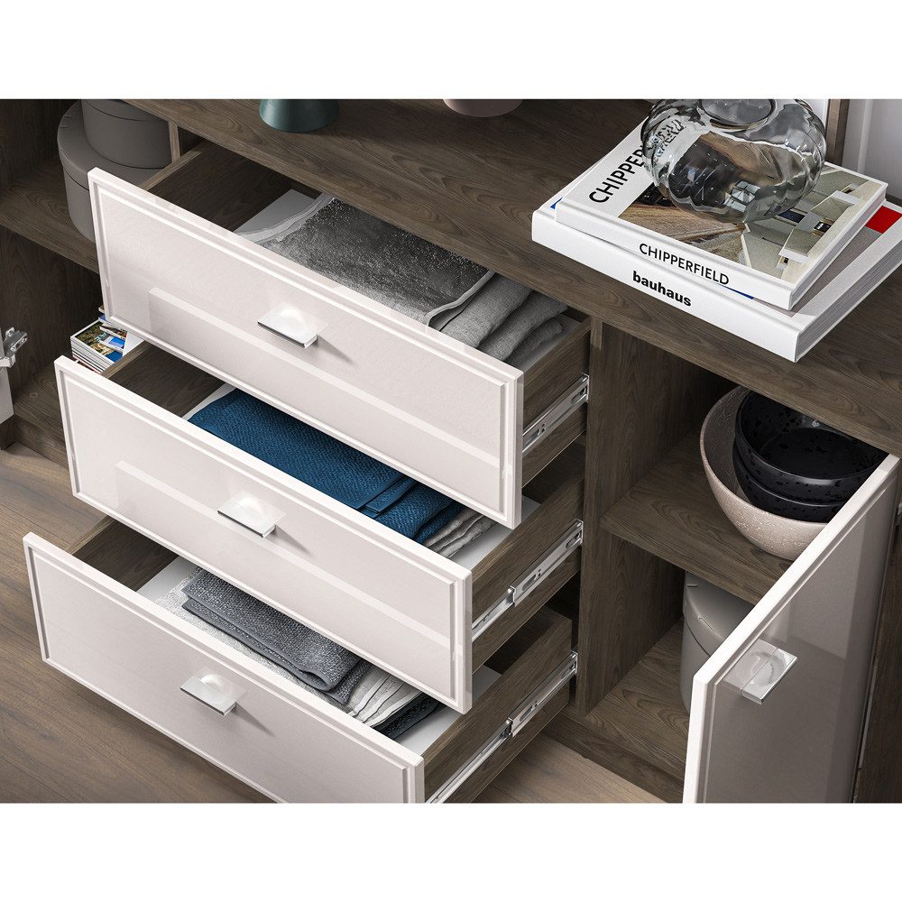 Lomadox Wohnwand ALESSANDRIA-131, (2-St., Sideboard Highboard), in Beige Hochglanz mit Eiche, inkl. LED Beleuchtung