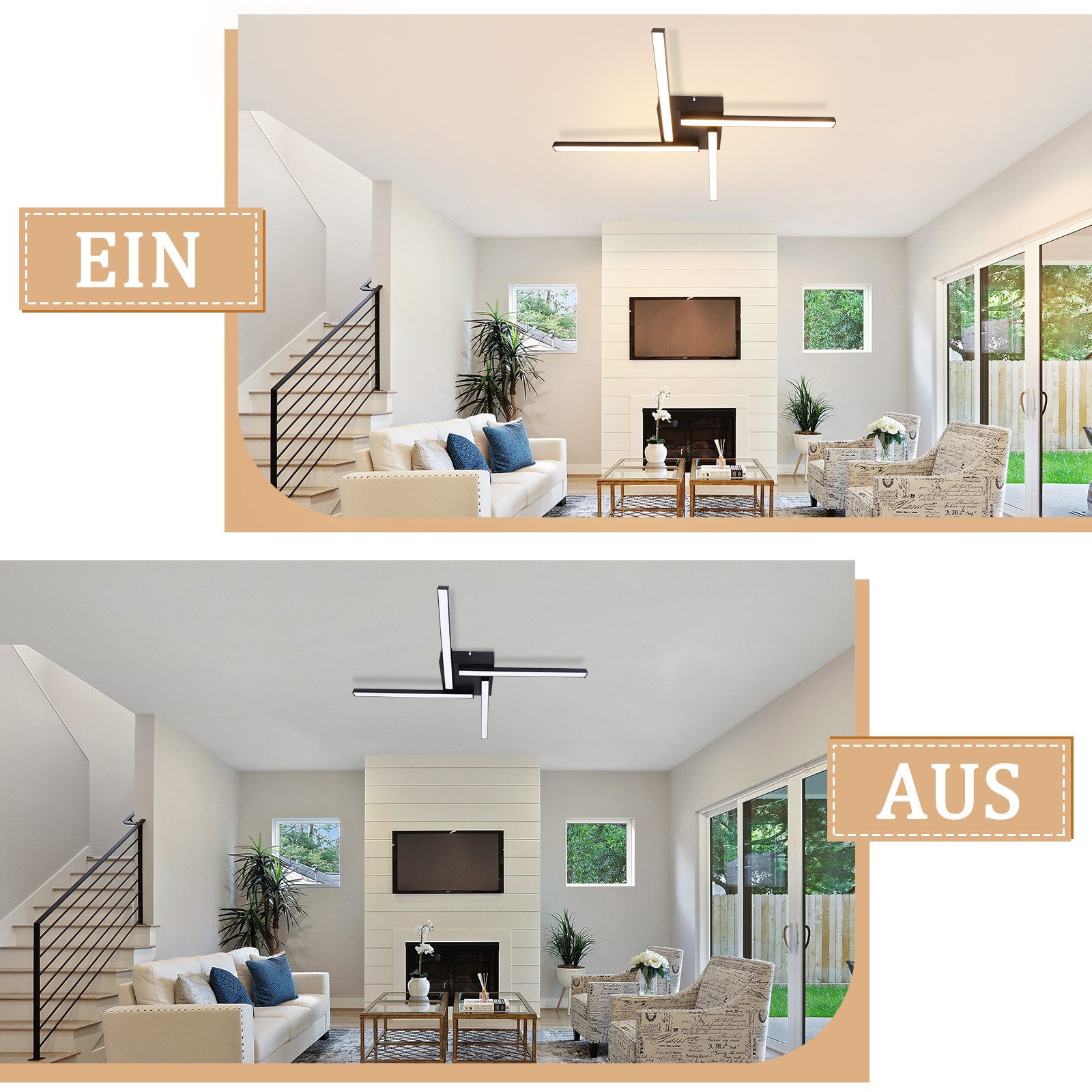 Nettlife LED Deckenleuchte Schwarz 24W Metall 64.2CM 3000K Wohnzimmerlampe, LED fest integriert, Warmweiß, 3000K Decke Lampe für Schlafzimmer Wohnzimmer