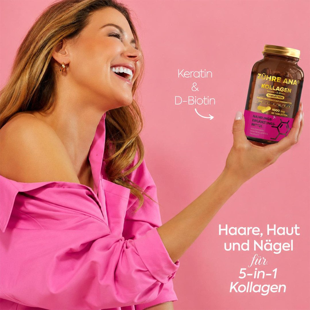 Zühre Ana® Kollagen Tablette-Keratin + D-Biotin, Gesundes Haar, Glänzende Haut Kapseln, 60 St., 60 g, Reichhaltige Kollagenquelle, Keratin-Unterstützung