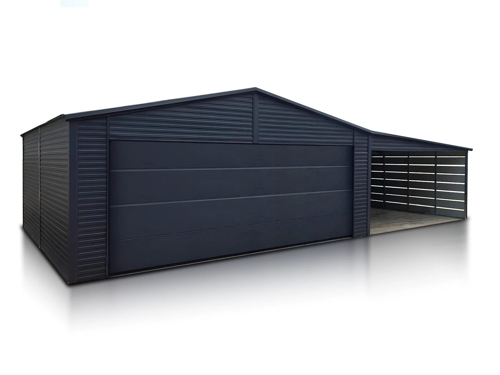 LiderStal Garage Einzelgarage 600 x 580 cm mit Carport 400 cm Graphit Satteldach (Set, für einen PKW), Carport 400 cm, Sektionaltor mit Antrieb, Graphit