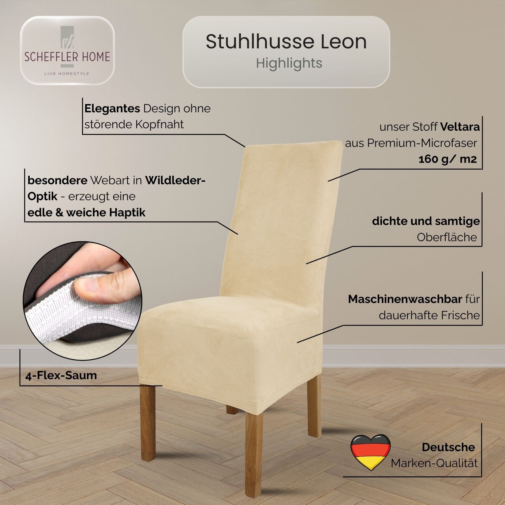 sh SCHEFFLER-HOME LIVE HOMESTYLE Stuhlhusse Leon Stoff Veltara, Premium-Microfaser Veltara in edler Wildleder-Optik