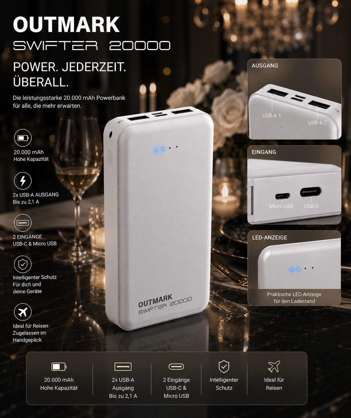 OUTMARK Swifter 20000mAh Outdoor 2x USB-A Powerbank Akku Powerbank